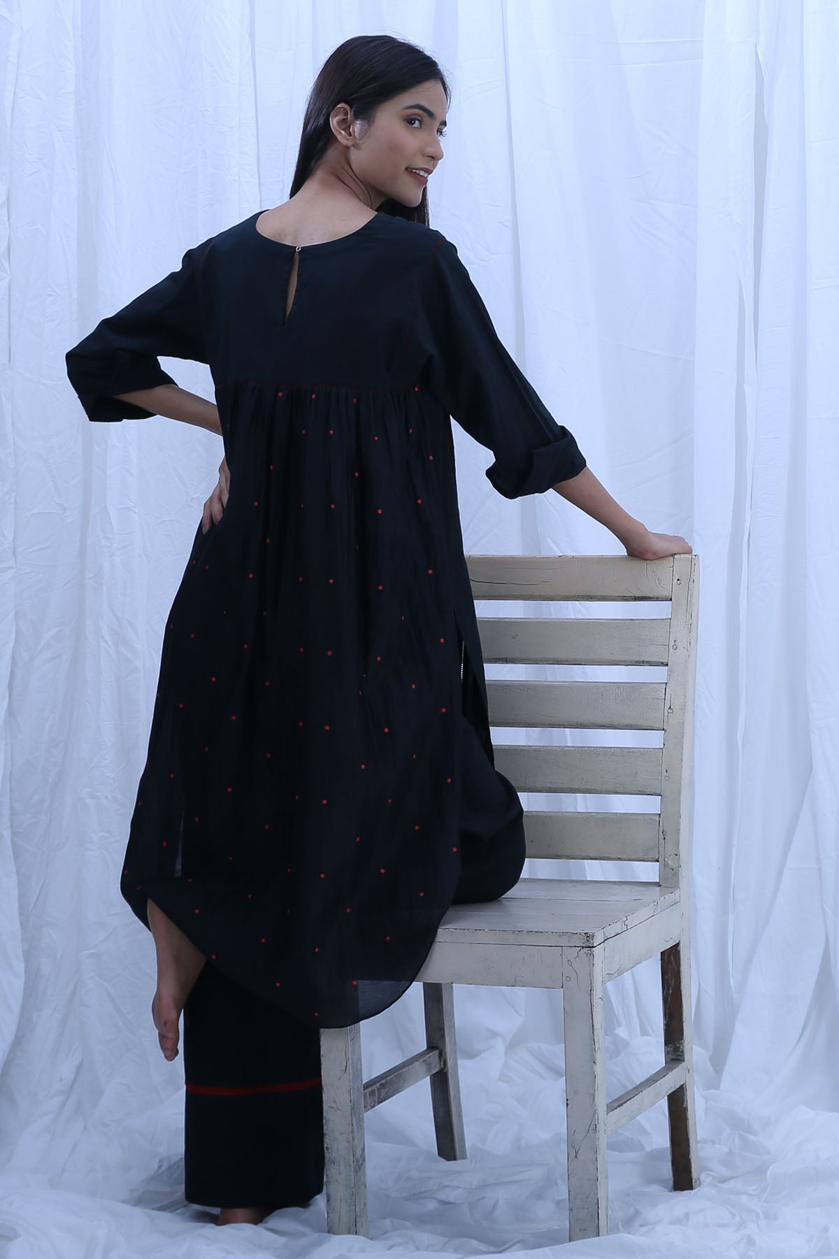 Black Red Dot Print Kurta Set