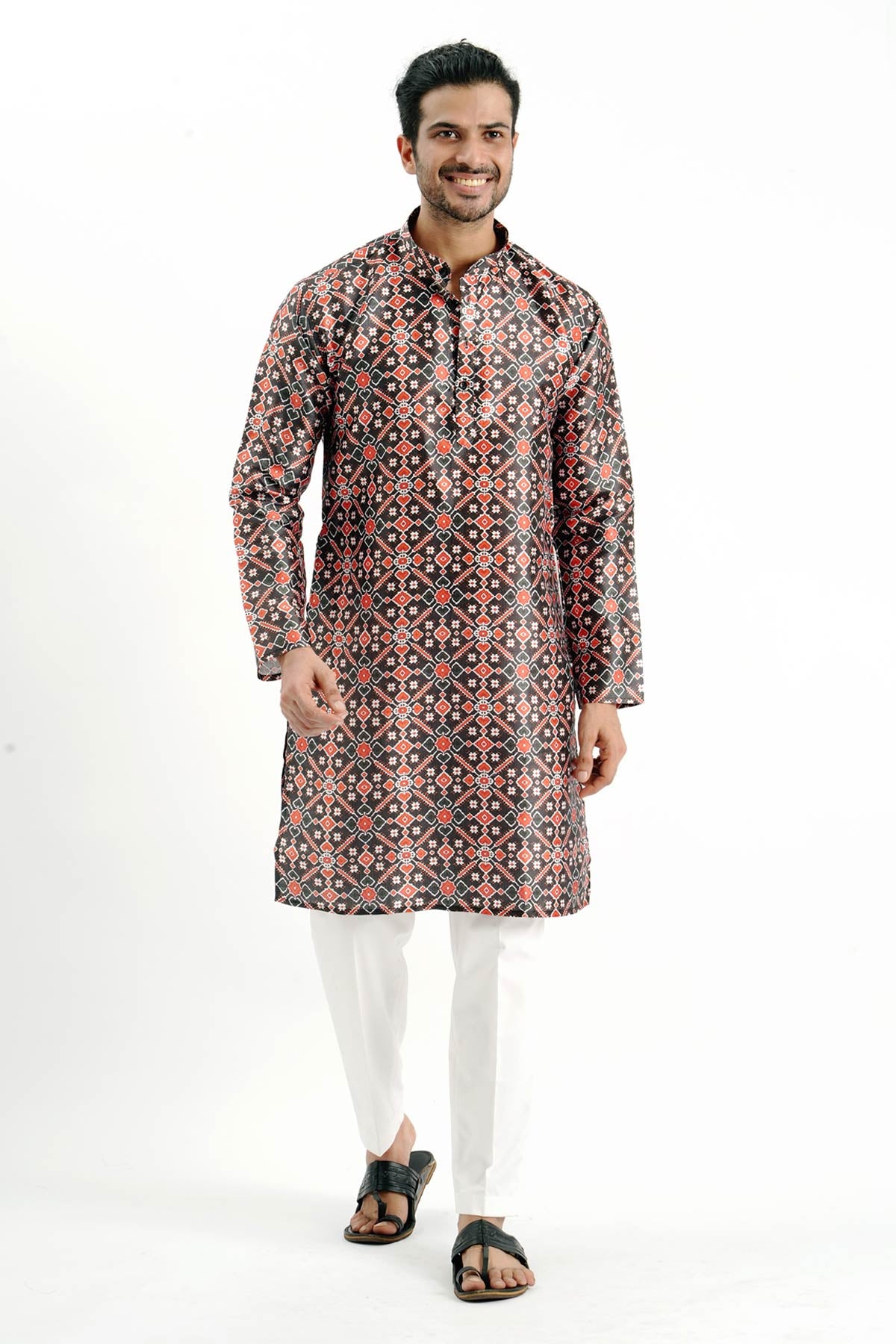 Black & Red Silk Printed Kurta