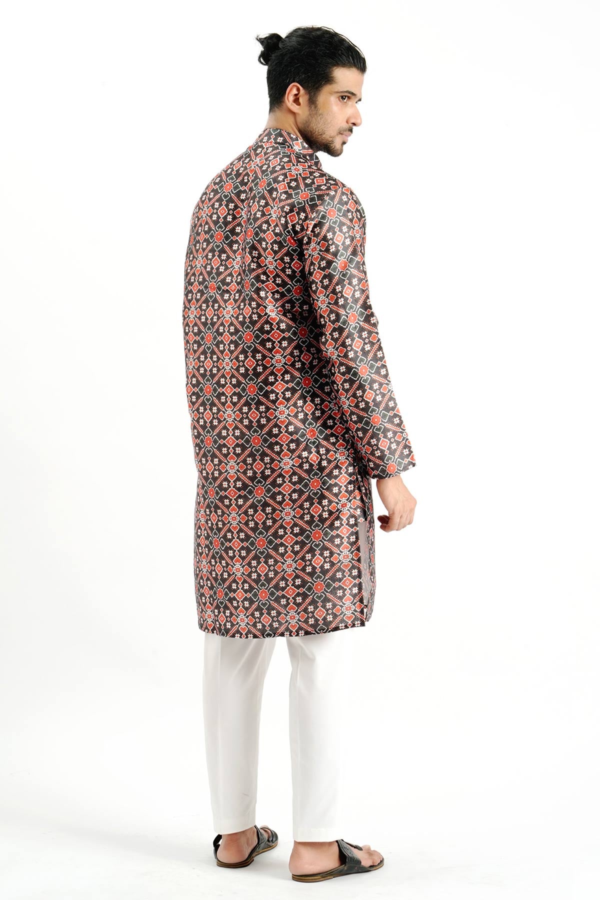 Black & Red Silk Printed Kurta