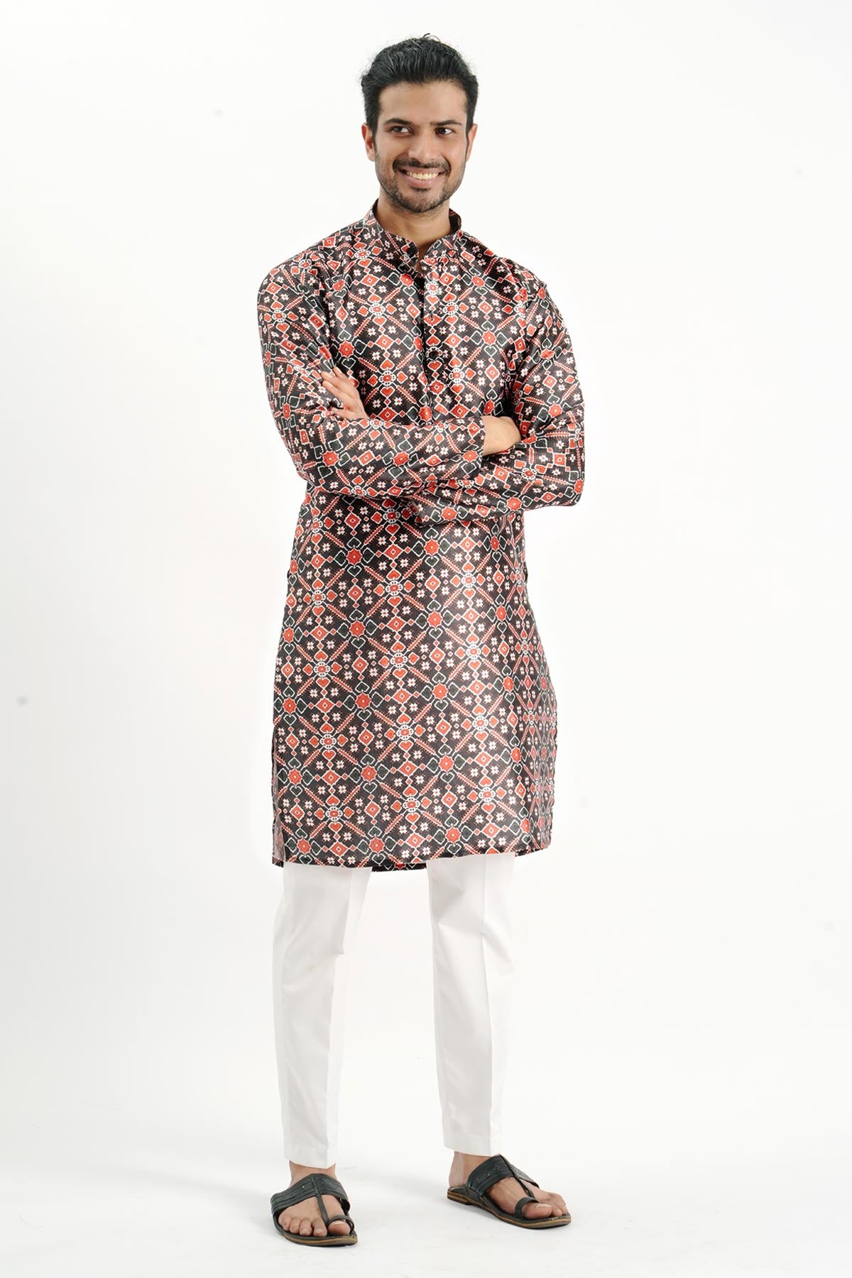 Black & Red Silk Printed Kurta