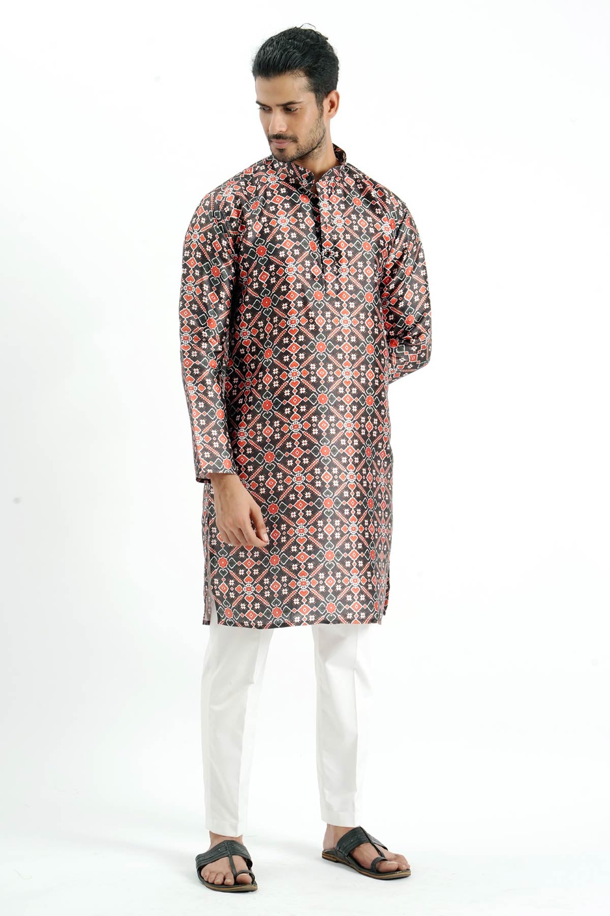 Black & Red Silk Printed Kurta