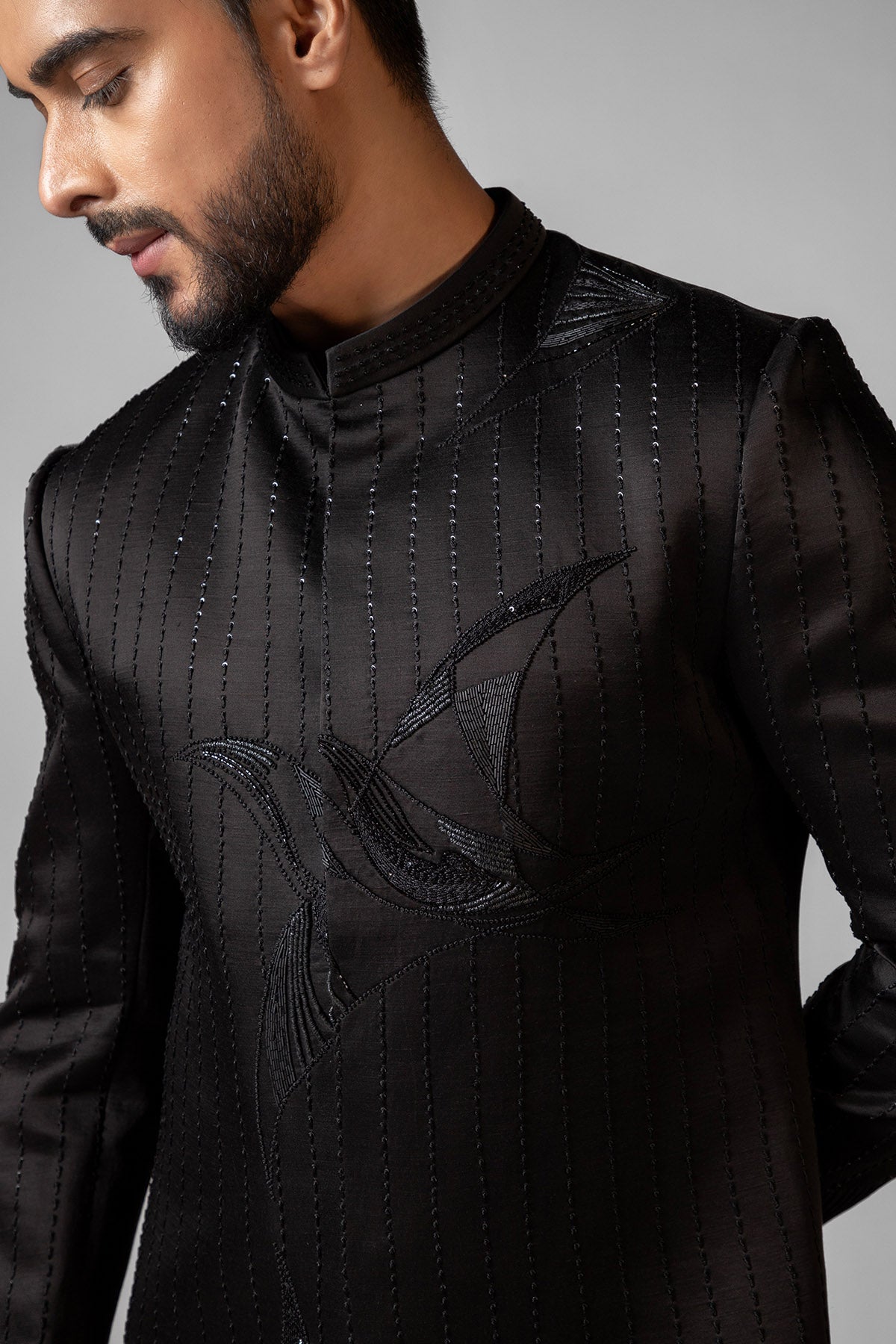 Black Resham Katha Achkan Set