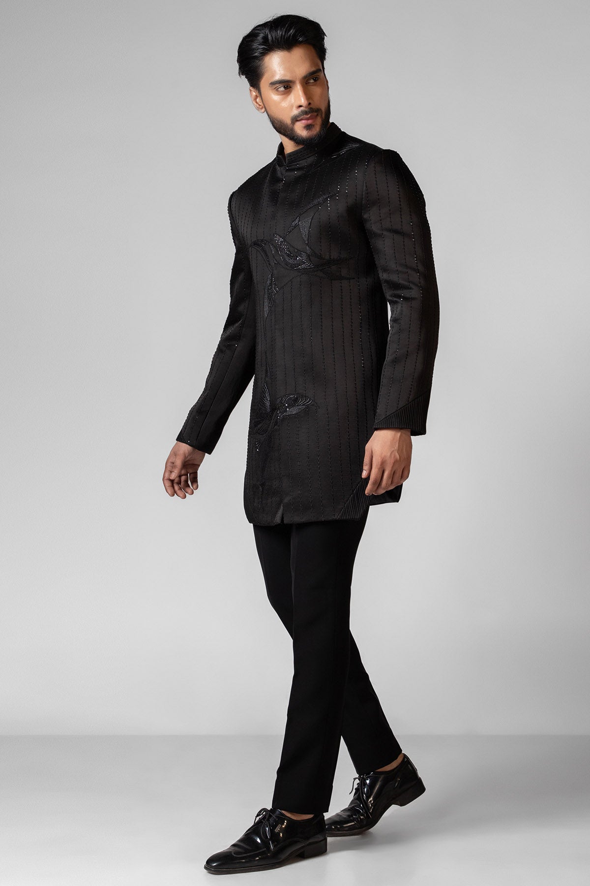 Black Resham Katha Achkan Set