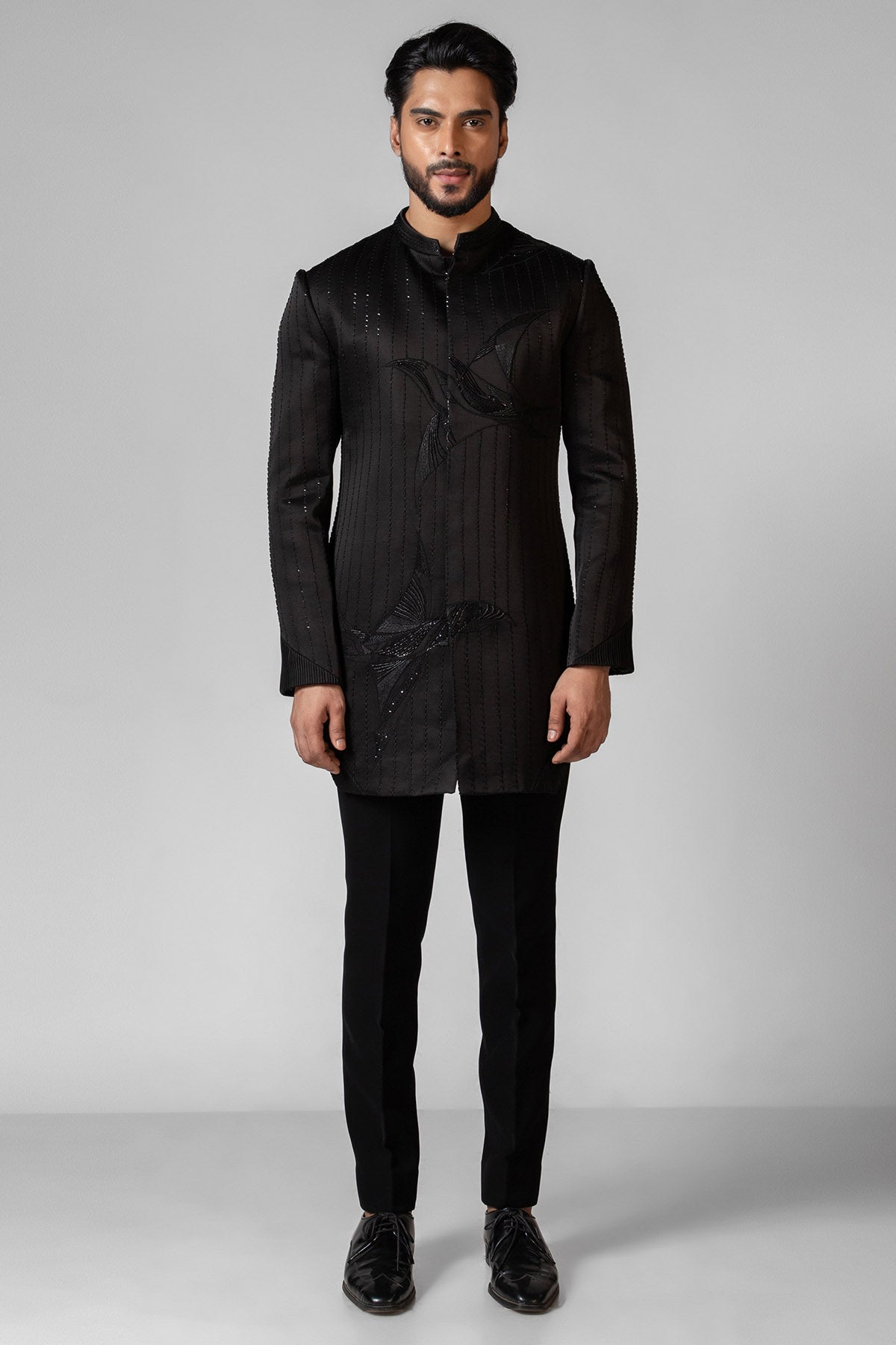 Buy Black Resham Katha Achkan Set for men by Paarsh Atelier online available at scrollnshops