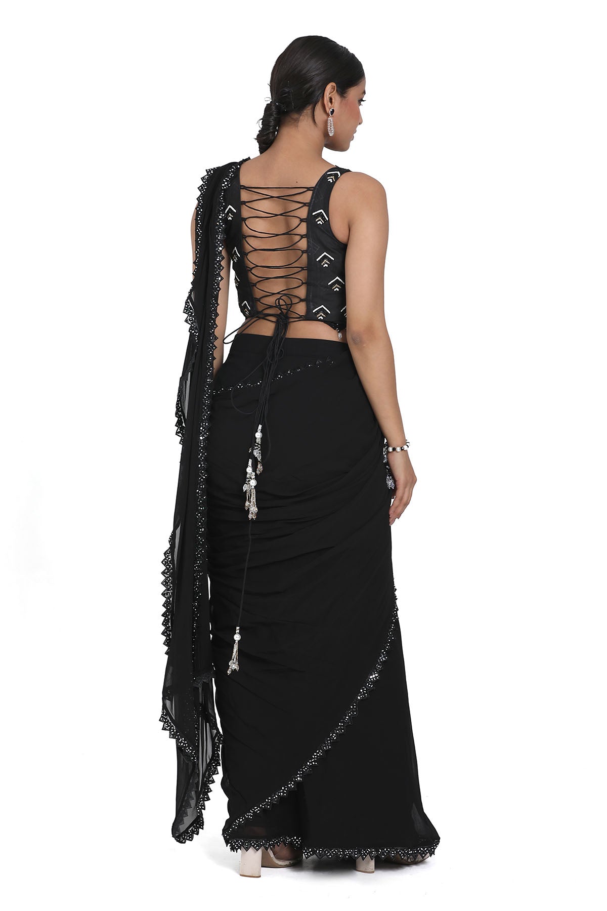 Black Resham Pre-Draped Saree