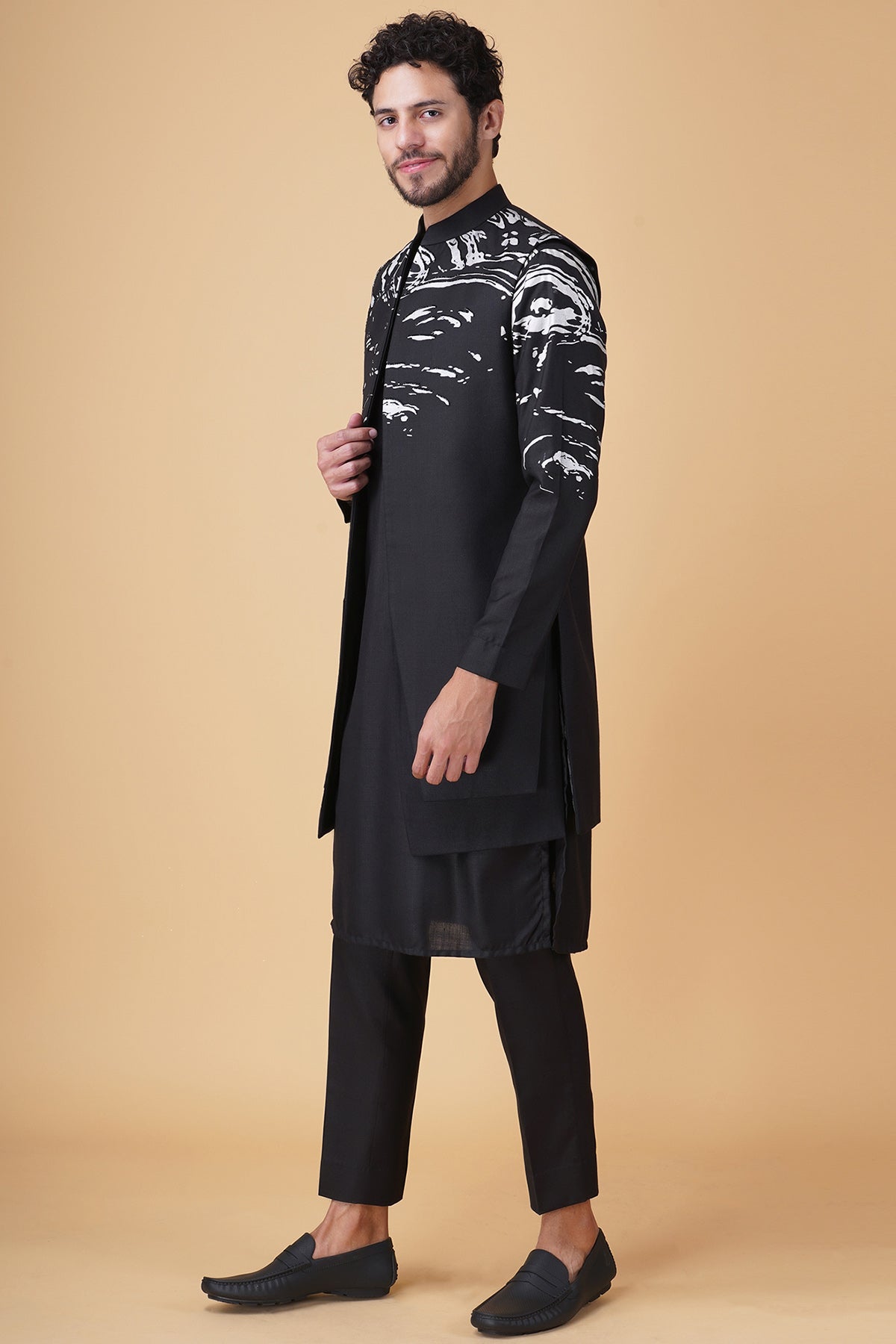 Buy Black Ruby Silk Print Jacket Set by Manish Nagdeo for Men online at ScrollnShops