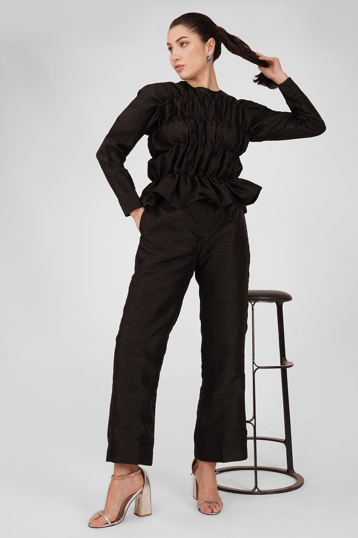 Buy Black Ruched Top & Flared Pants by Enness Studio for women online at ScrollnShops