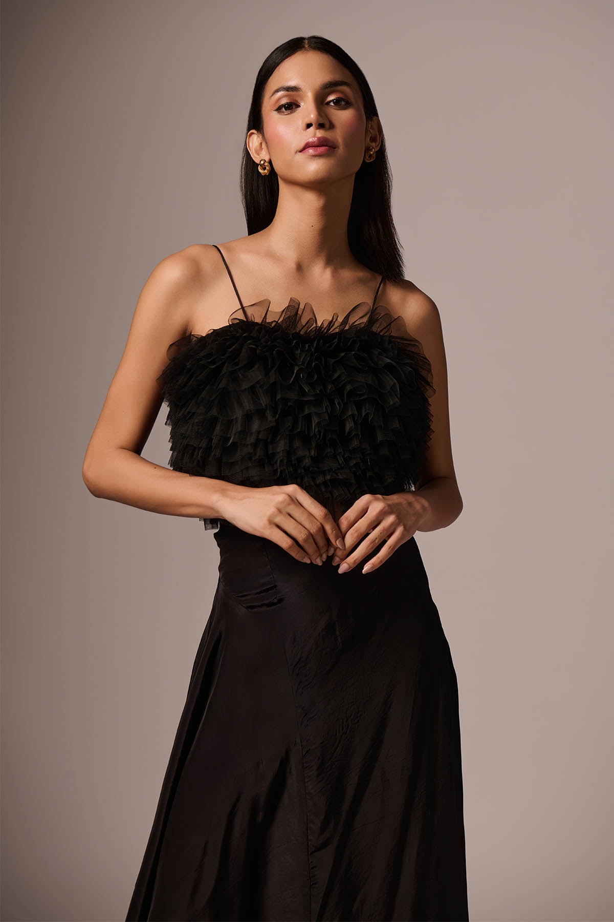 Black Ruffle Cut-Out Midi Dress