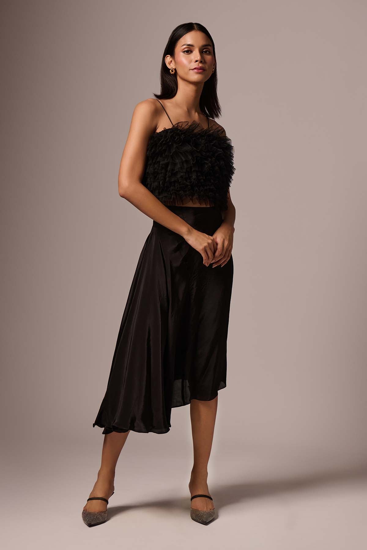 Black Ruffle Cut-Out Midi Dress