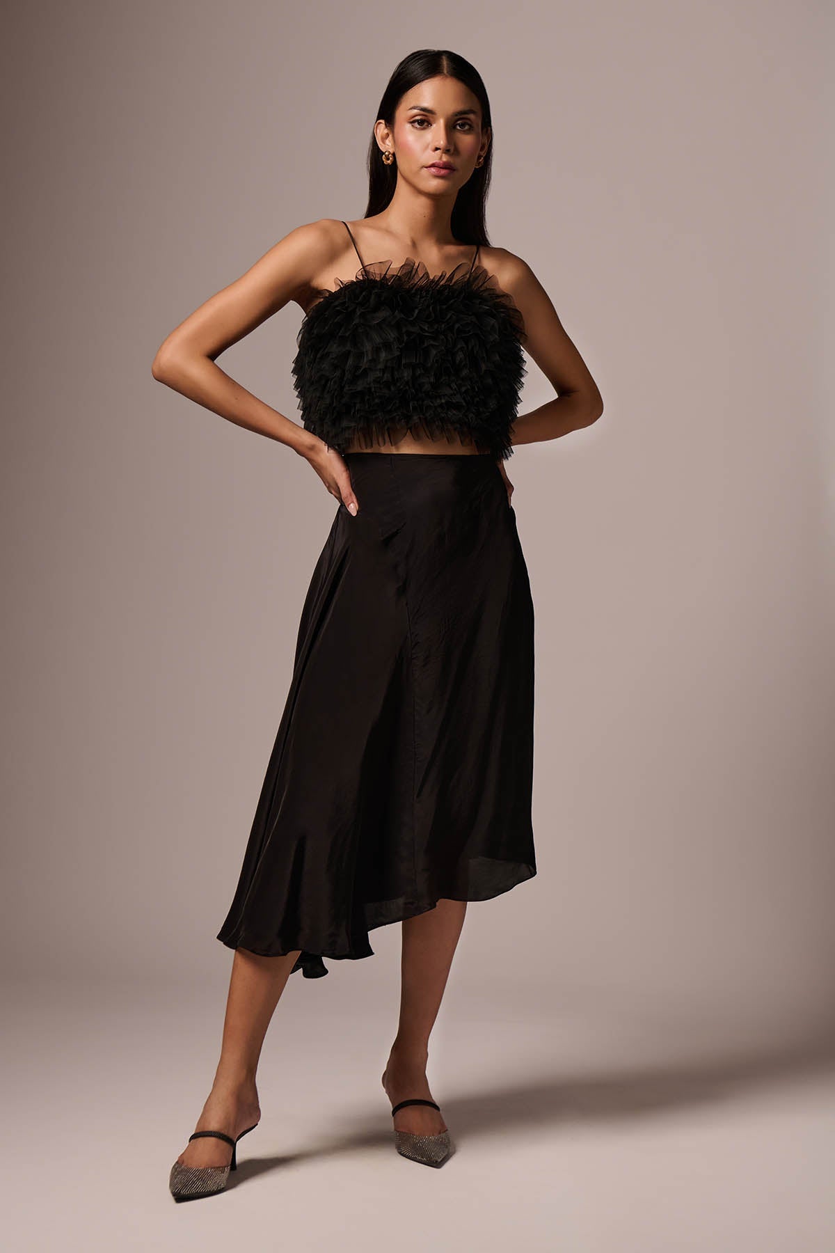 Buy Black Ruffle Cut-Out Midi Dress by Emblaze for women online at ScrollnShops