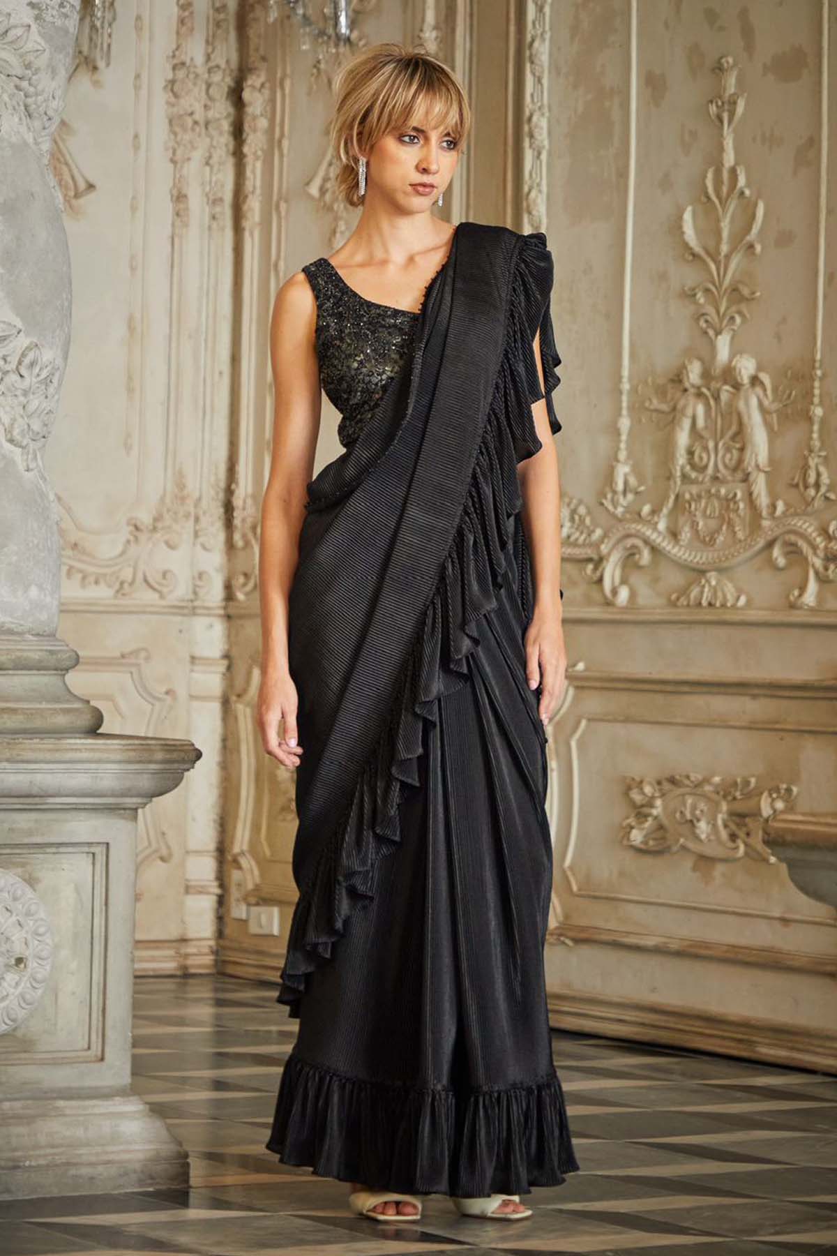 Black Ruffle Saree Set