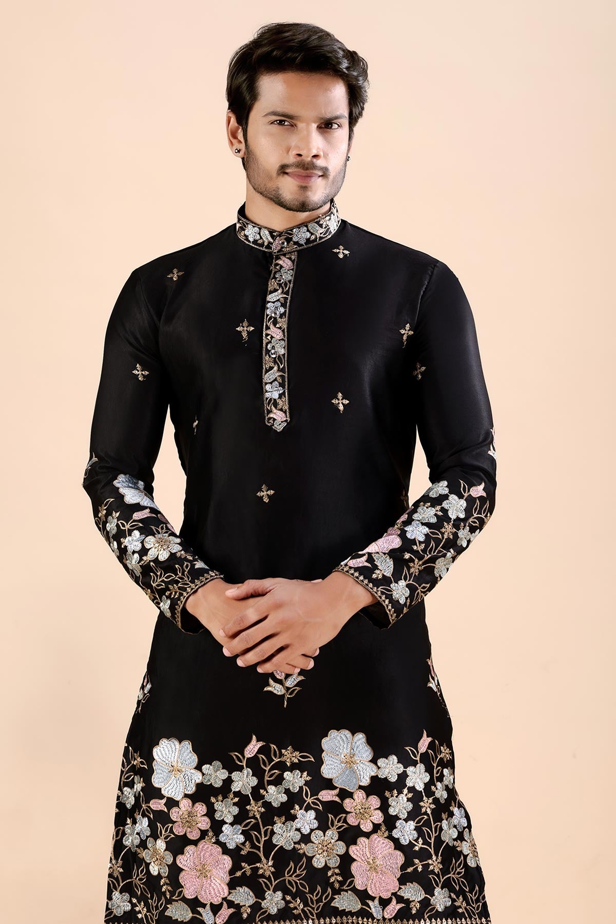 Black Satin Embroidered Kurta