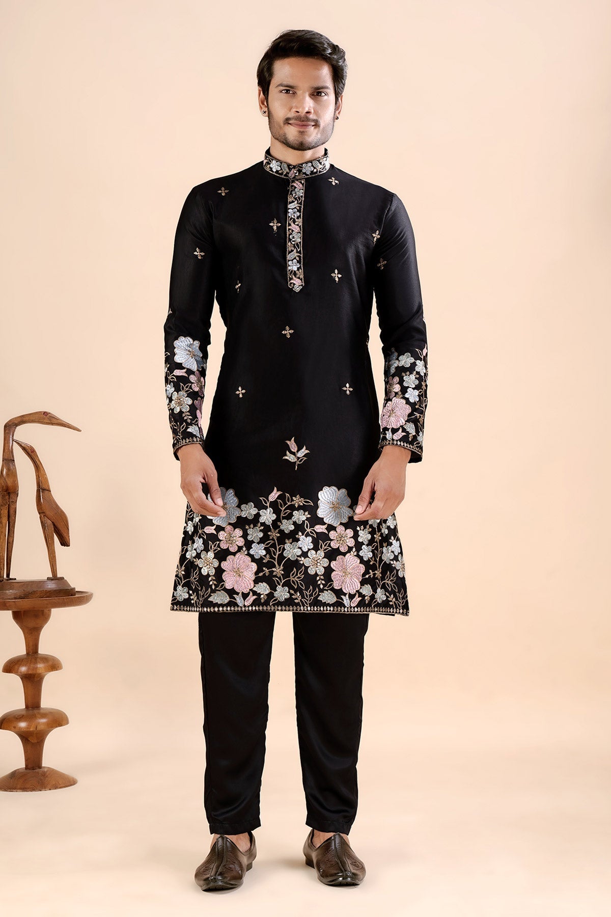 Buy Black Satin Embroidered Kurta for men by Aastha Fashion online available at scrollnshops