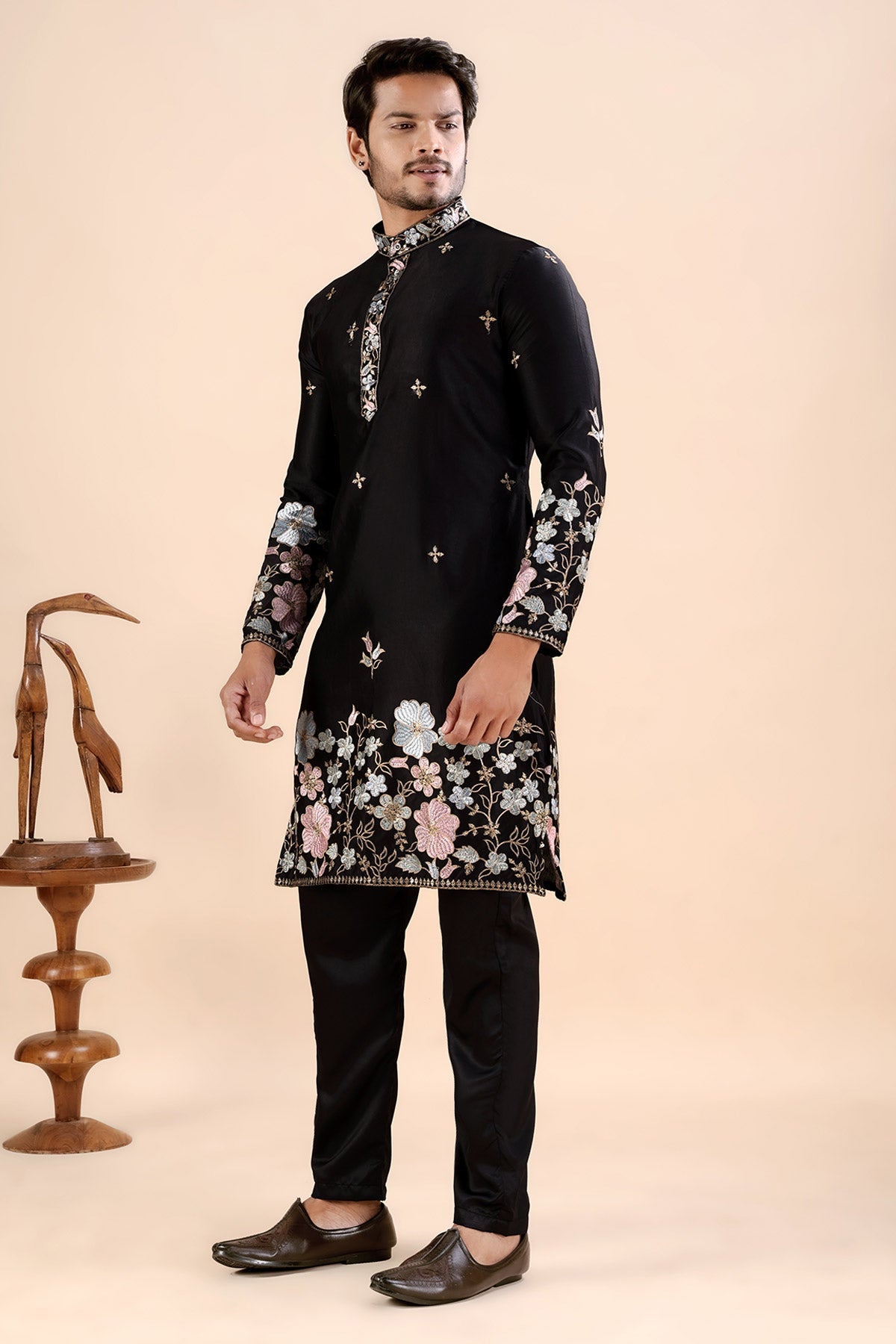 Black Satin Embroidered Kurta