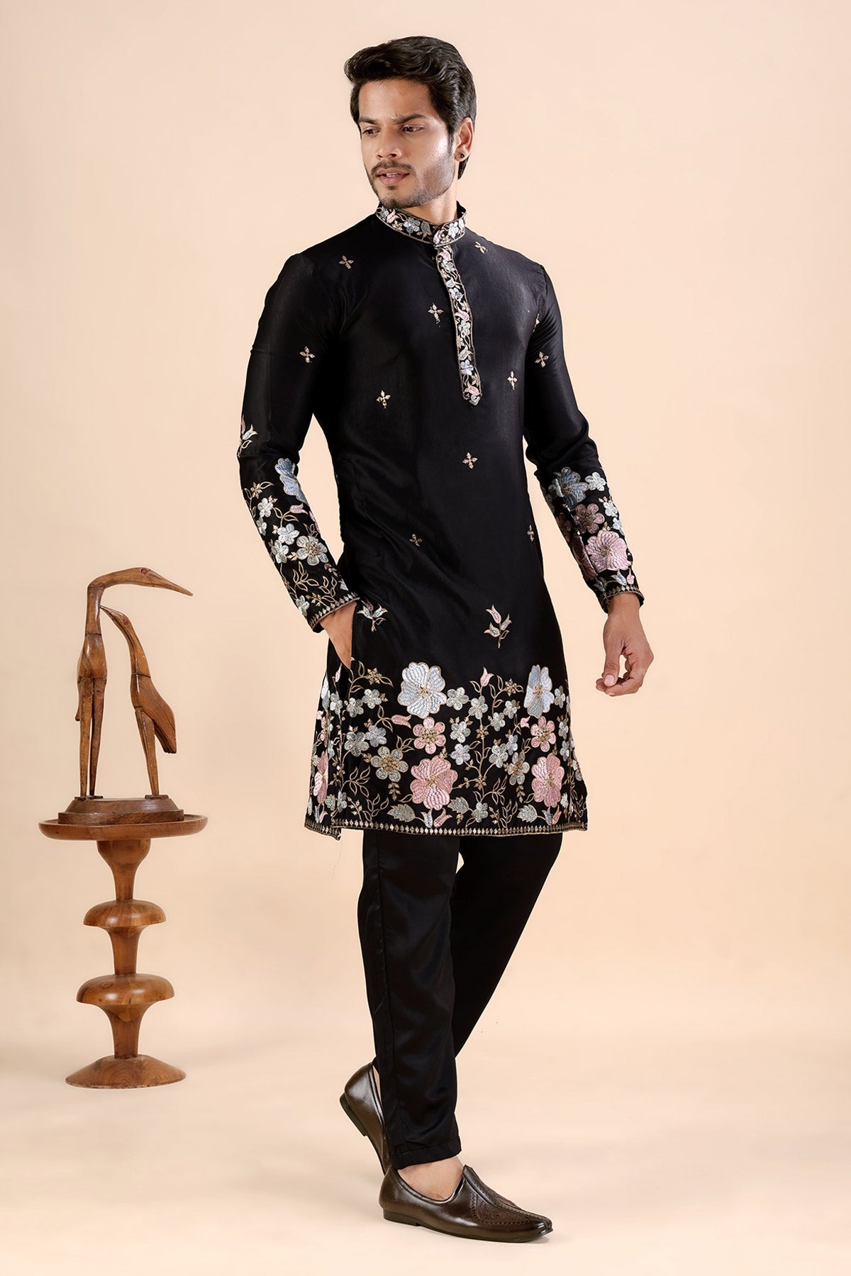 Black Satin Embroidered Kurta