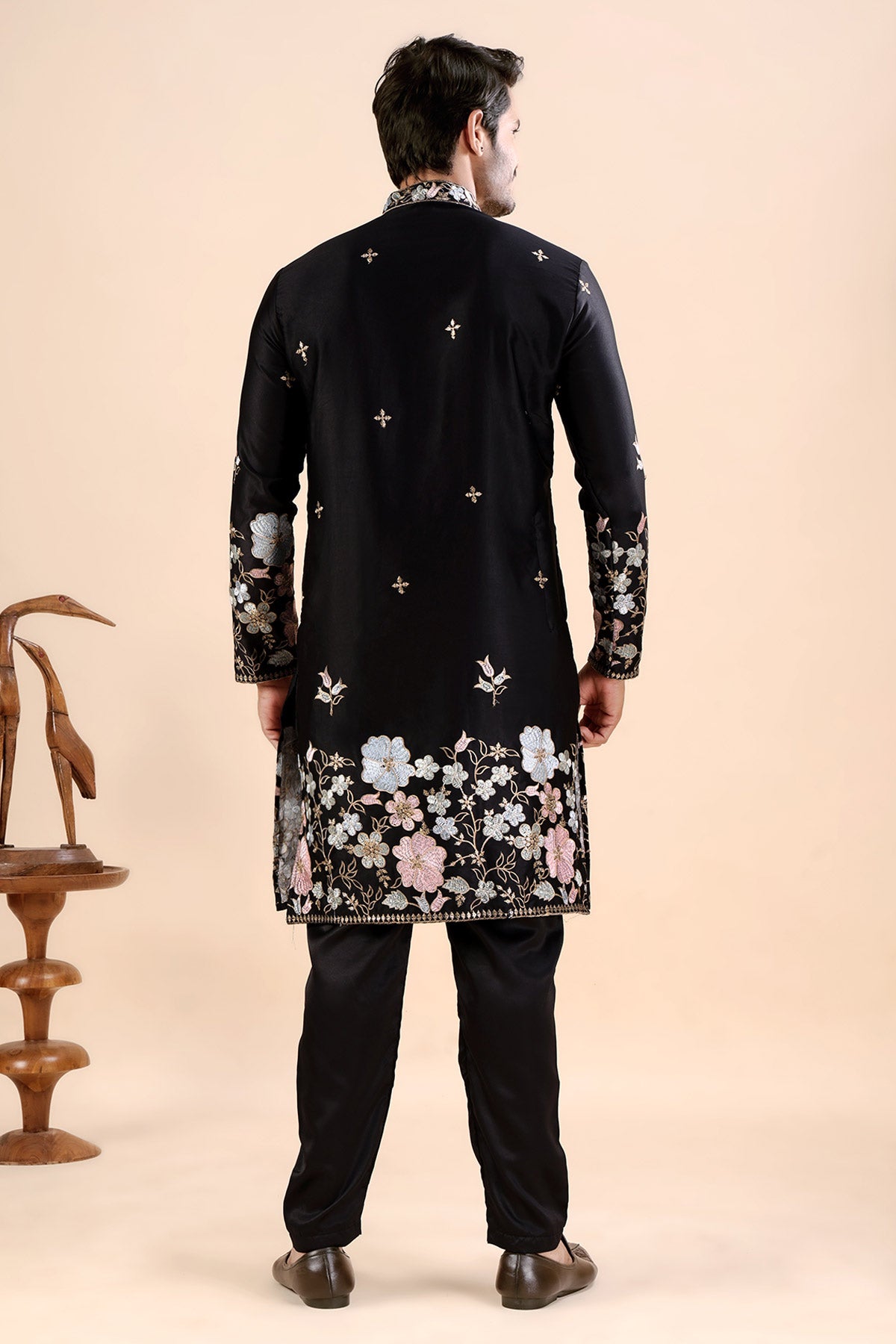 Black Satin Embroidered Kurta