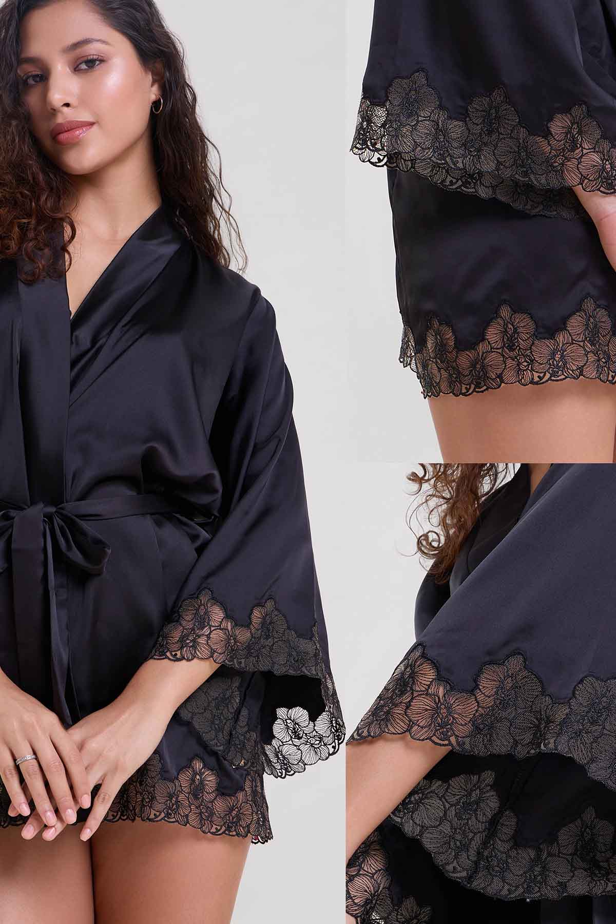 Black Satin Robe & Lingerie Set