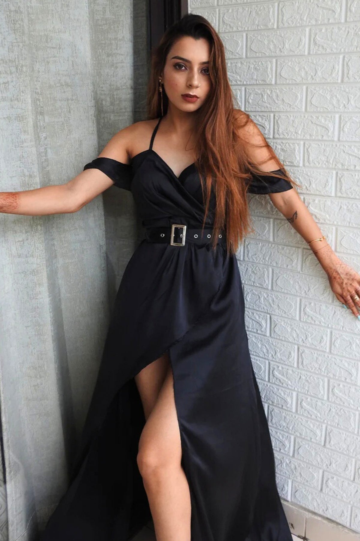 Buy Black Satin Slit Gown And Belt for women online available at ScrollnShops