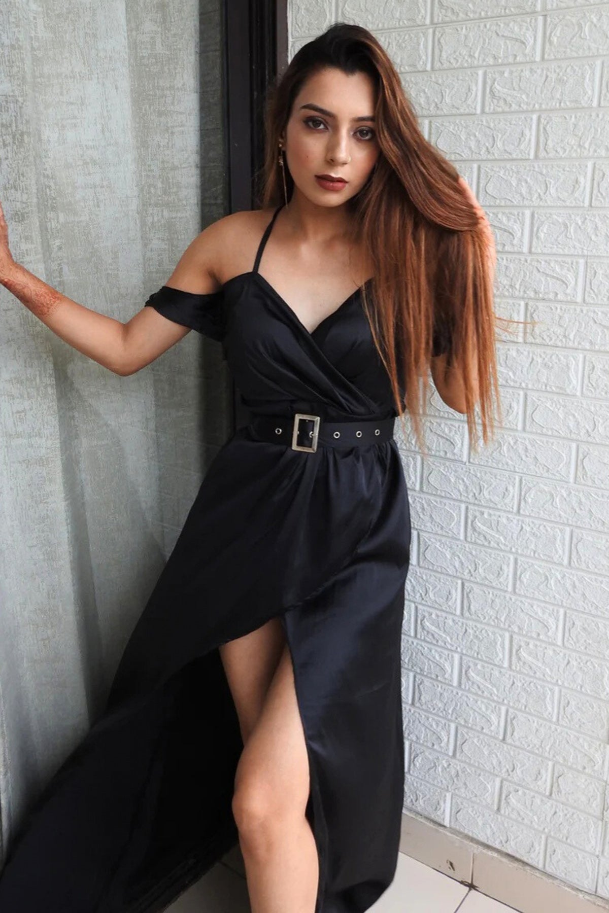 Black Satin Slit Gown And Belt