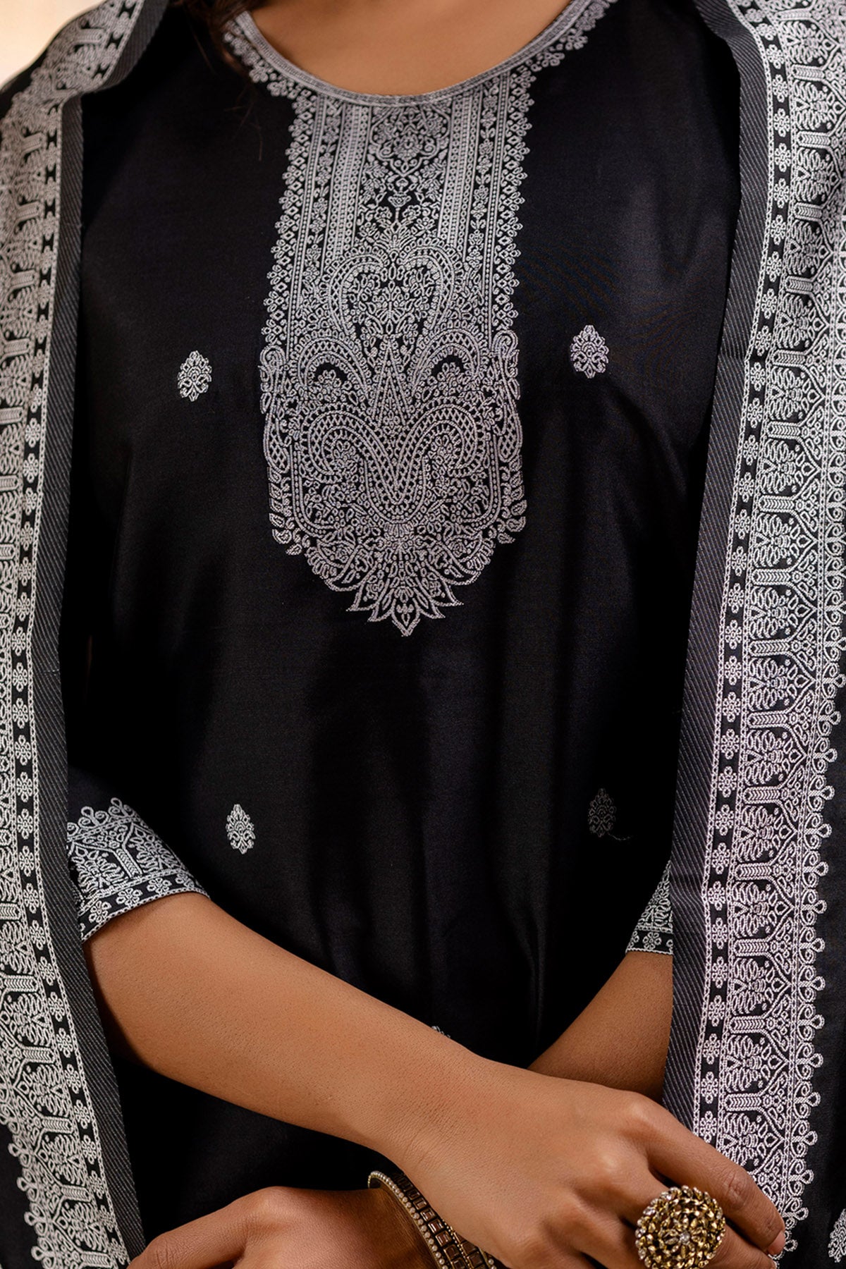 Black Self Weaving Kurta Set
