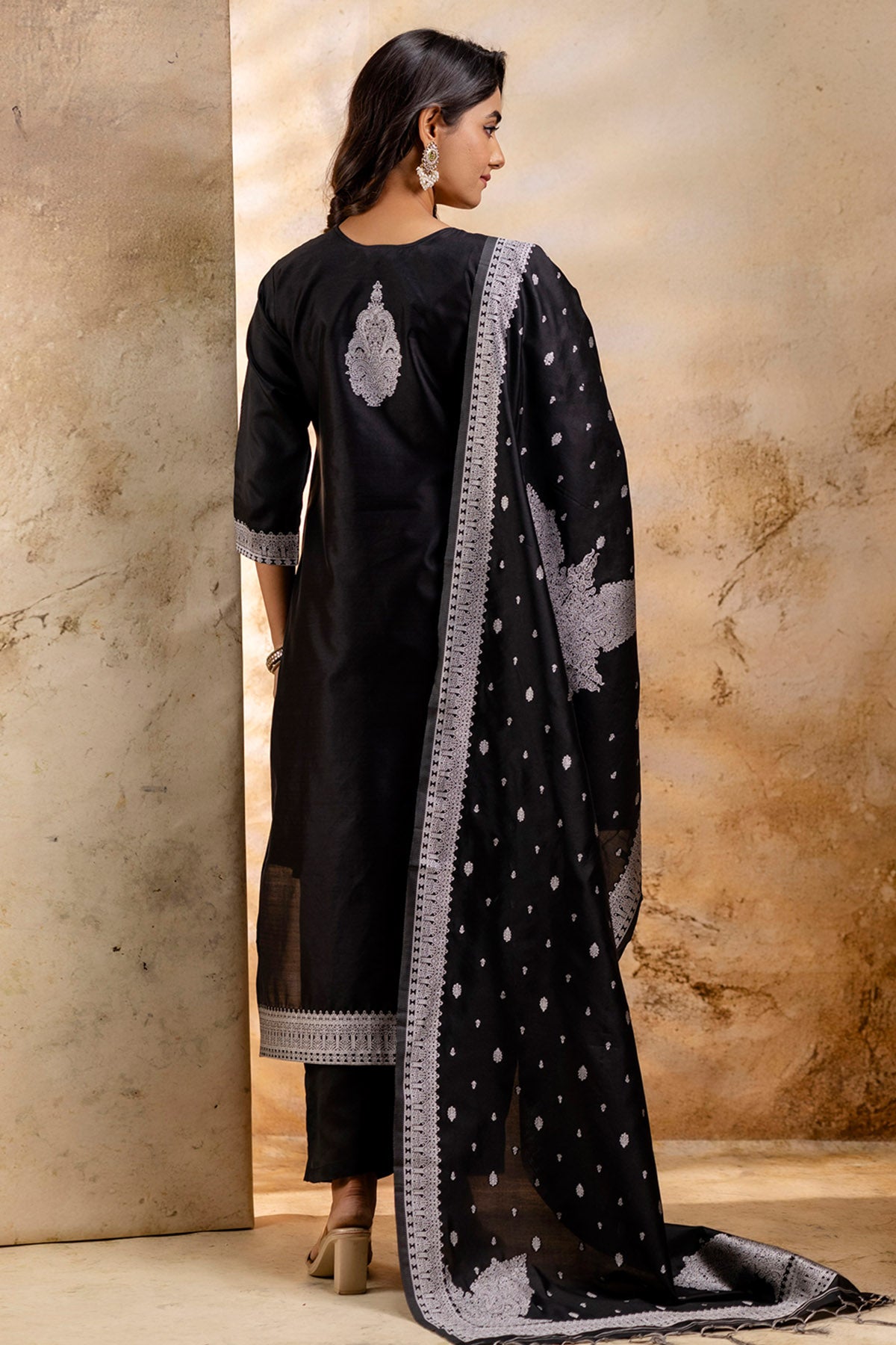 Black Self Weaving Kurta Set