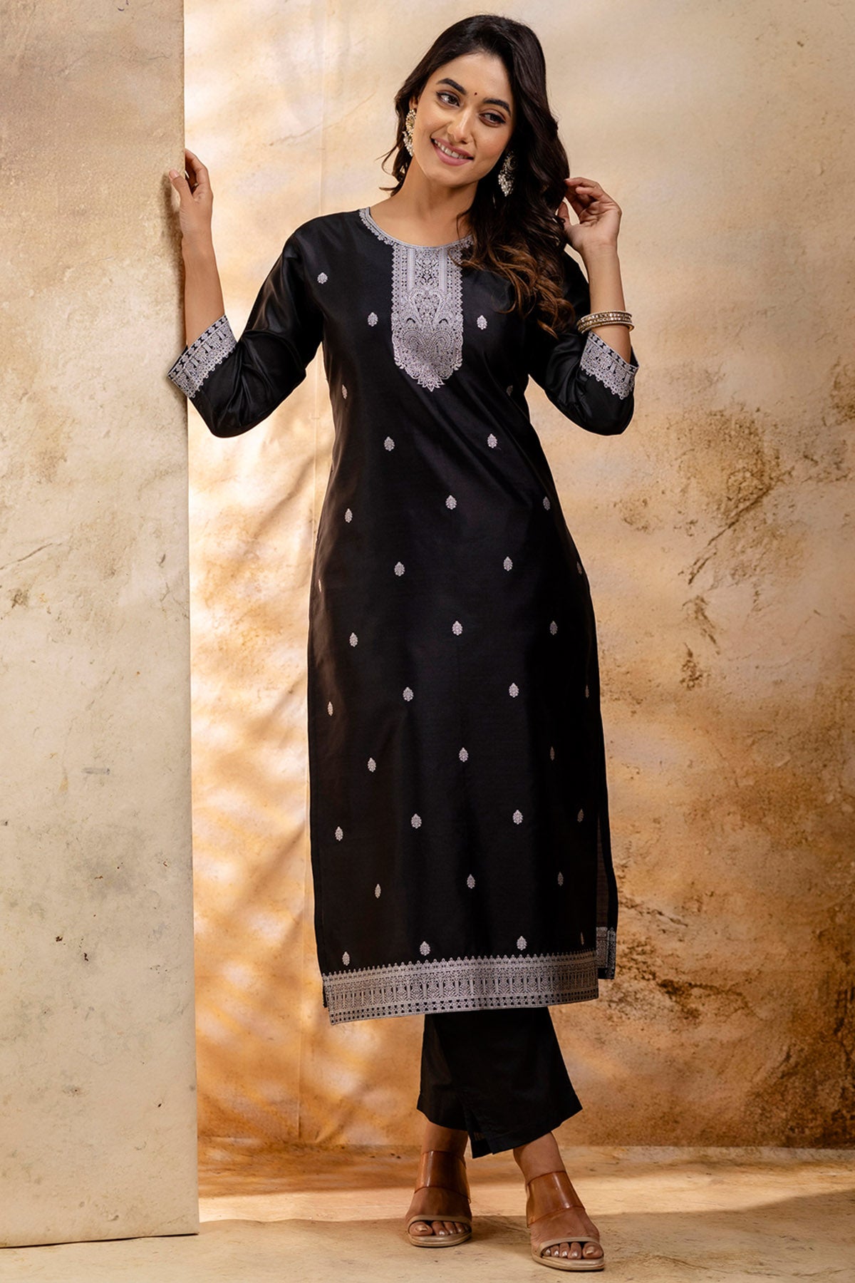 Black Self Weaving Kurta Set