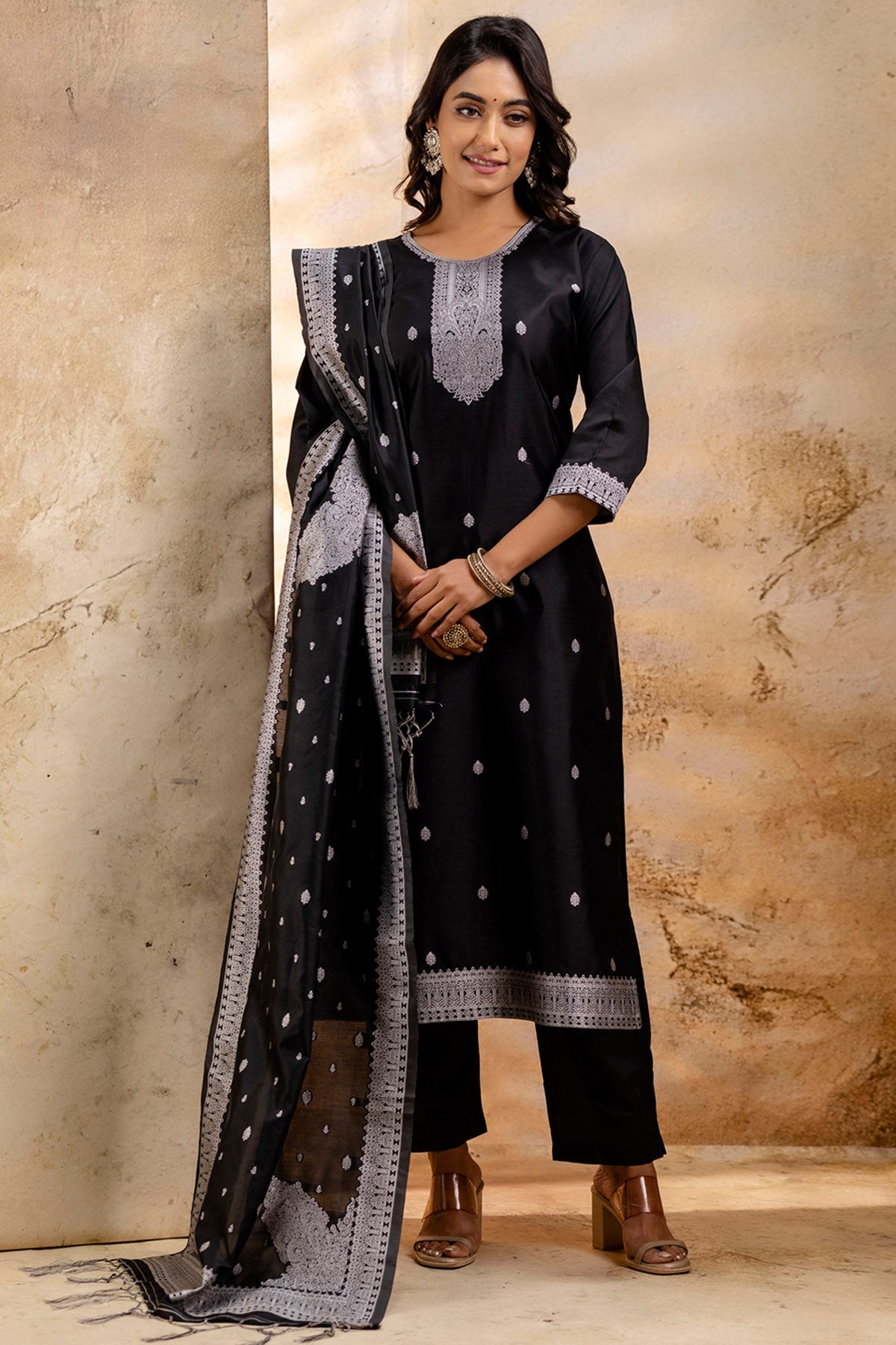 Buy Black Self Weaving Kurta Set for women by Aastha Fashion online available at scrollnshops