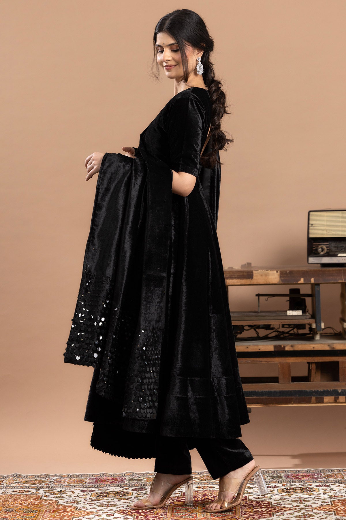 Black Sequin Work Anarkali Set