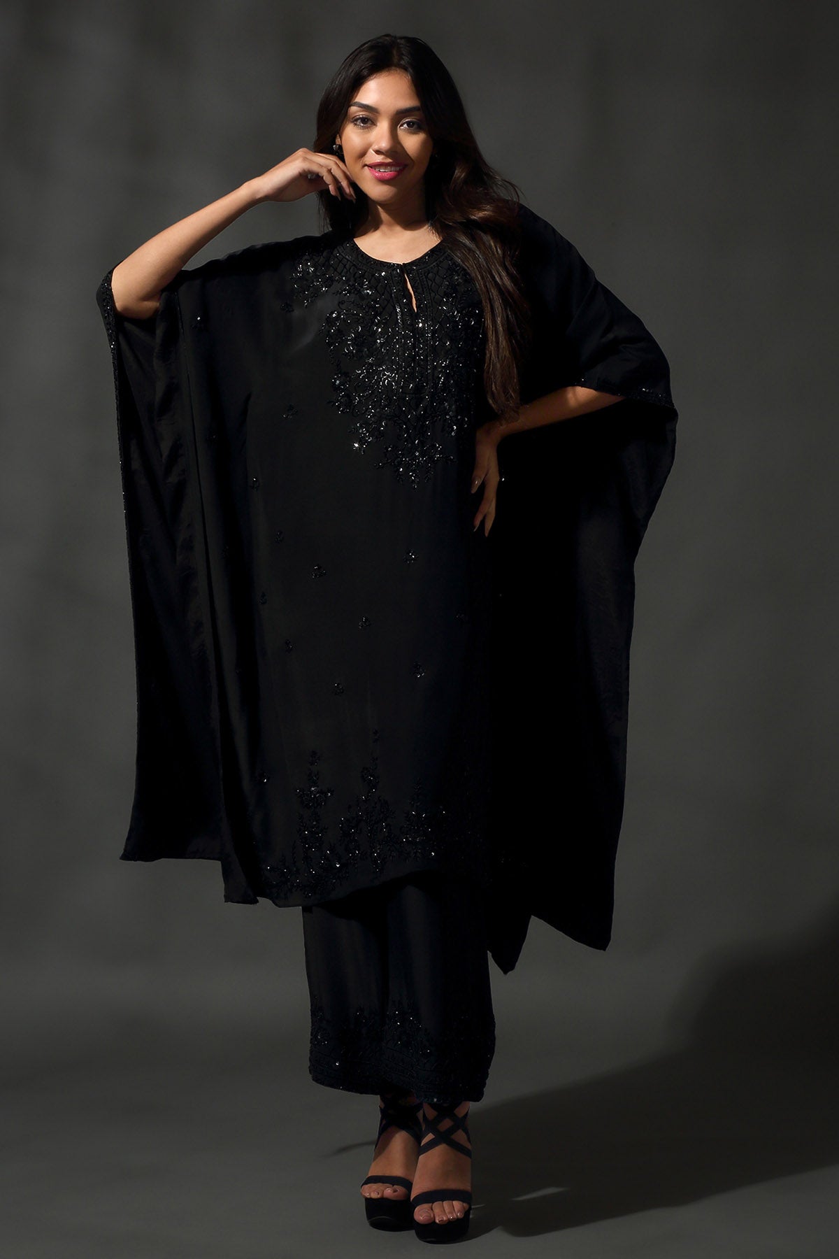 Black Sequins & Beads Kaftan Set