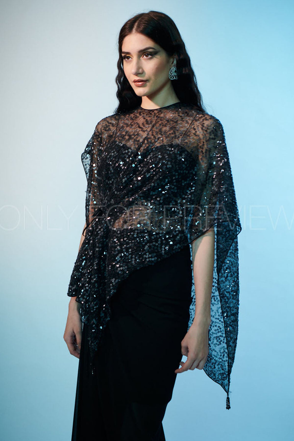 Black Sequins Cape & Skirt Set