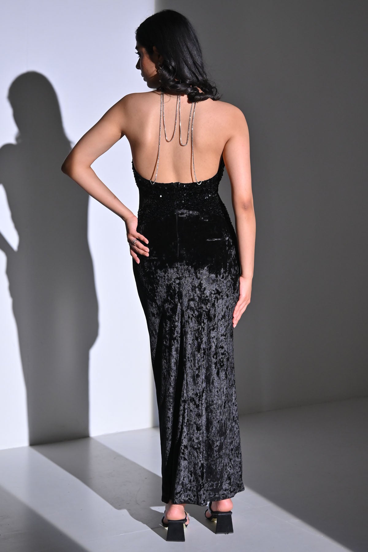 Black Sequins Detail Slit Dress