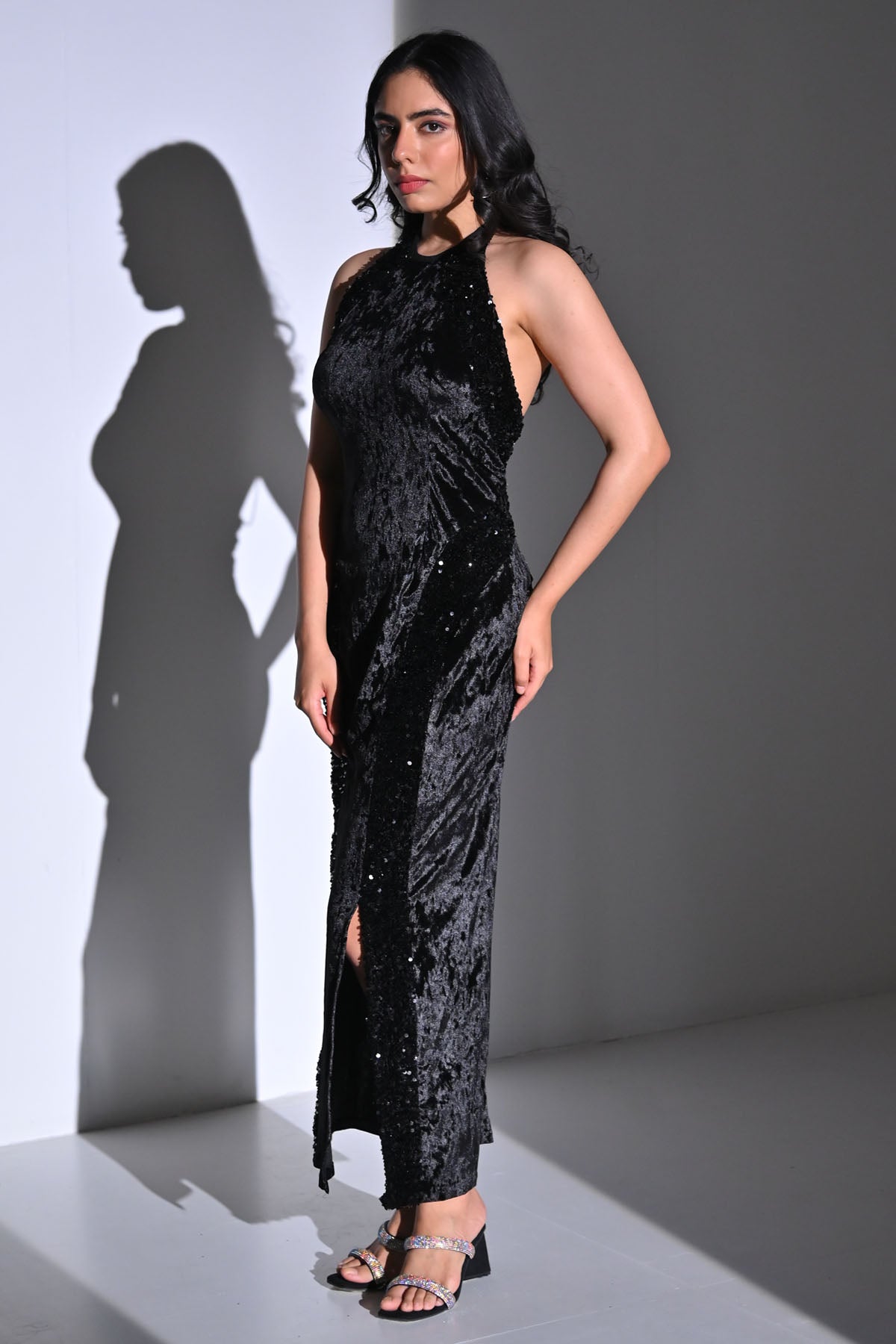 Black Sequins Detail Slit Dress