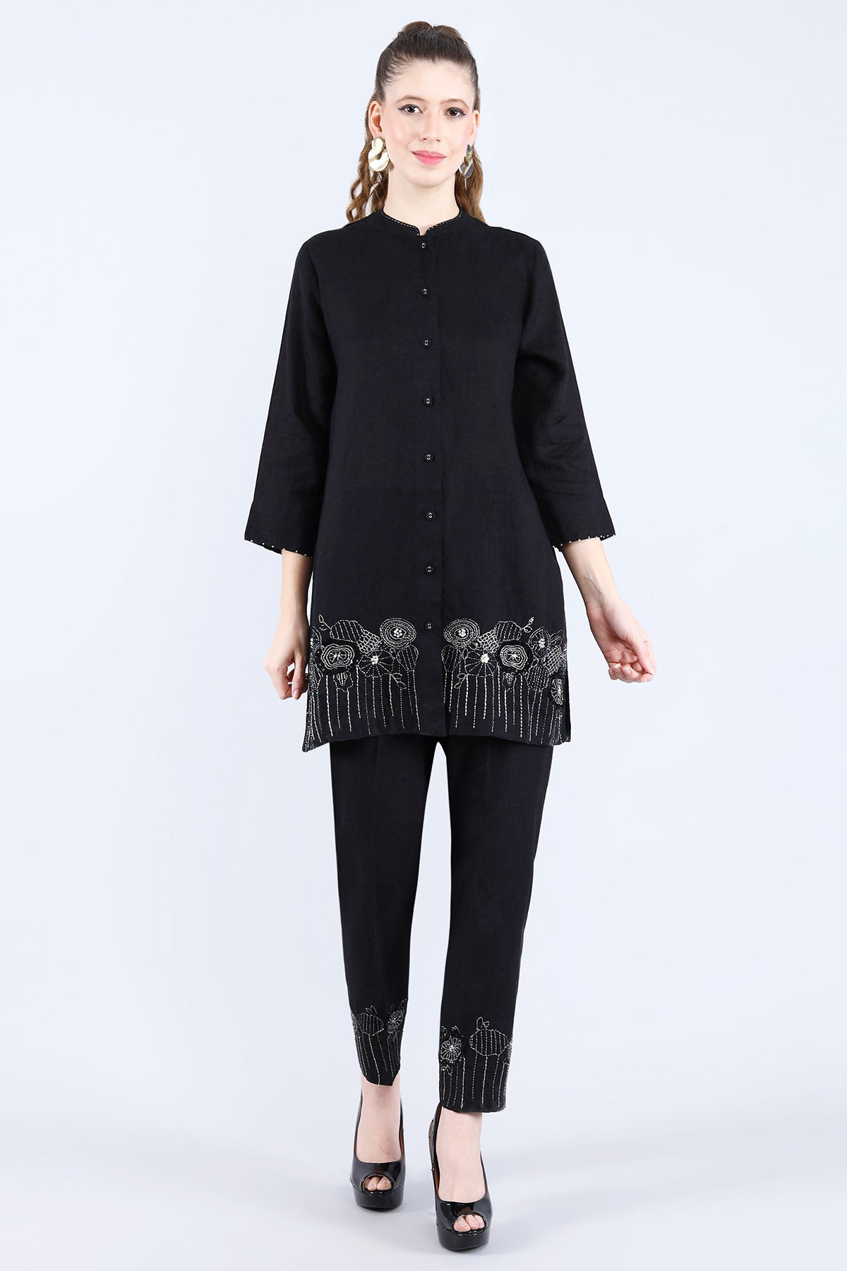 Buy Linen Bloom Black Sequins Embroidered Tunic for women online available at ScrollnShops