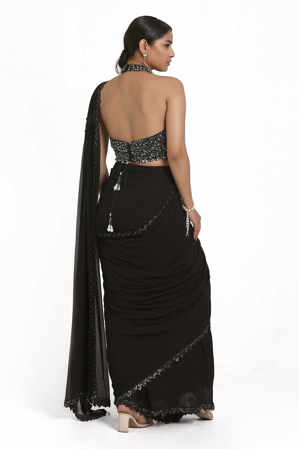 Sequins Pre-Drape Black Saree