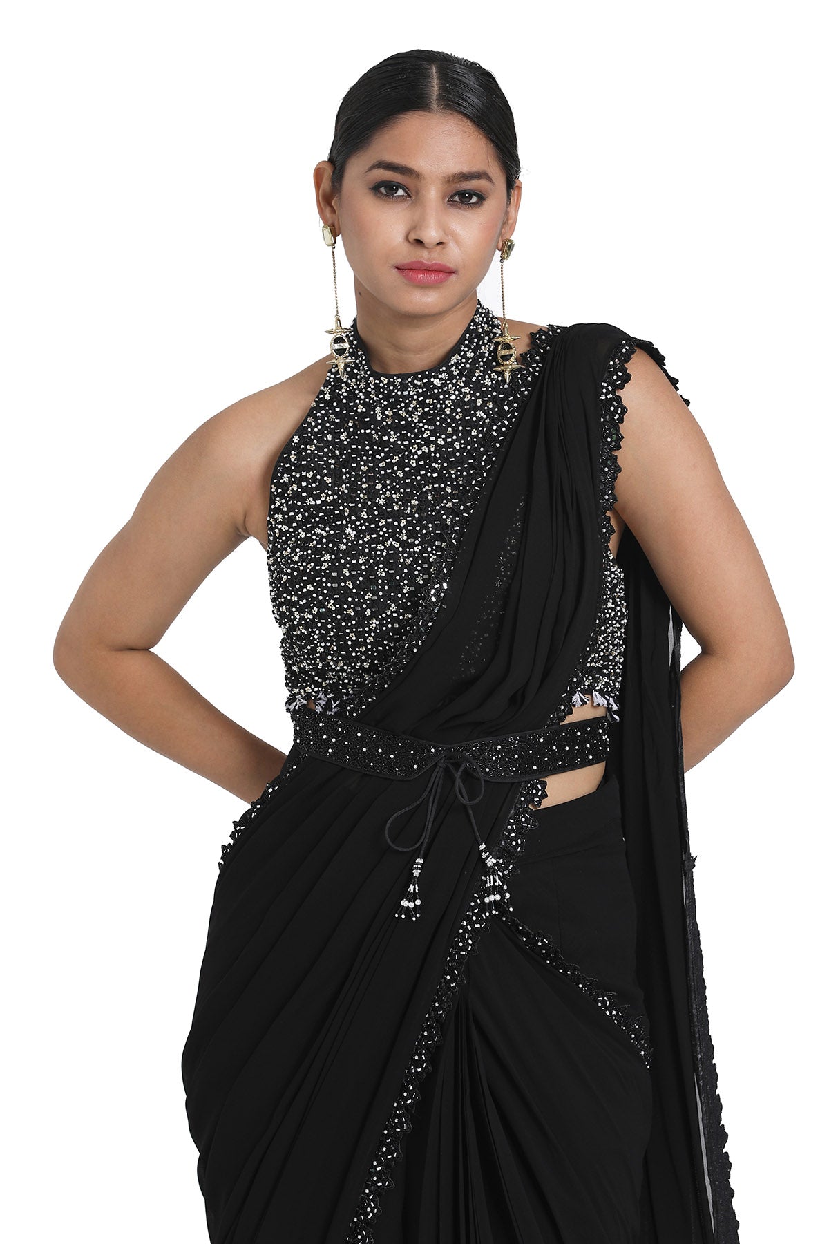 Sequins Pre-Drape Black Saree