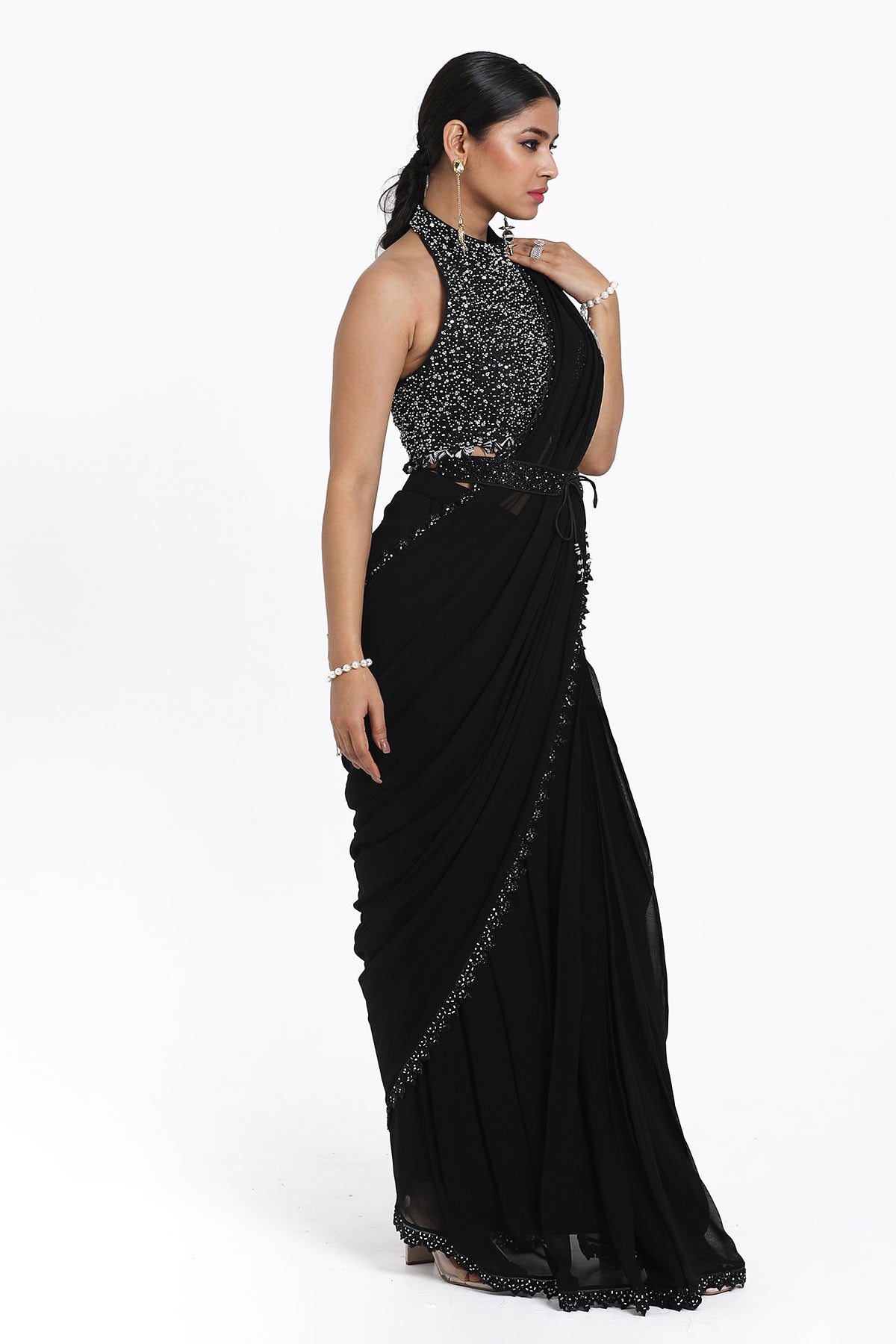 Sequins Pre-Drape Black Saree