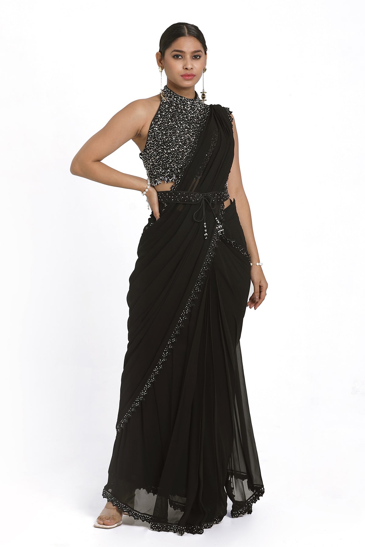 Buy Sequins Pre-Drape Black Saree by Nitisha Kashyapi for women online at ScrollnShops