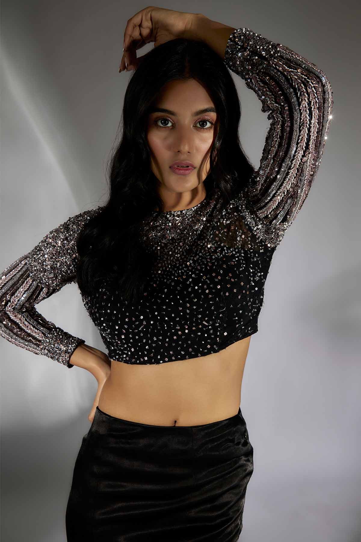 Black Sequins Work Skirt Set