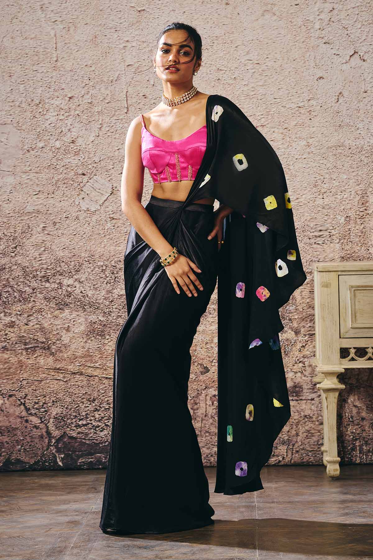 Buy Black Shibori Saree & Blouse by Masumi Mewawalla for women online at ScrollnShops