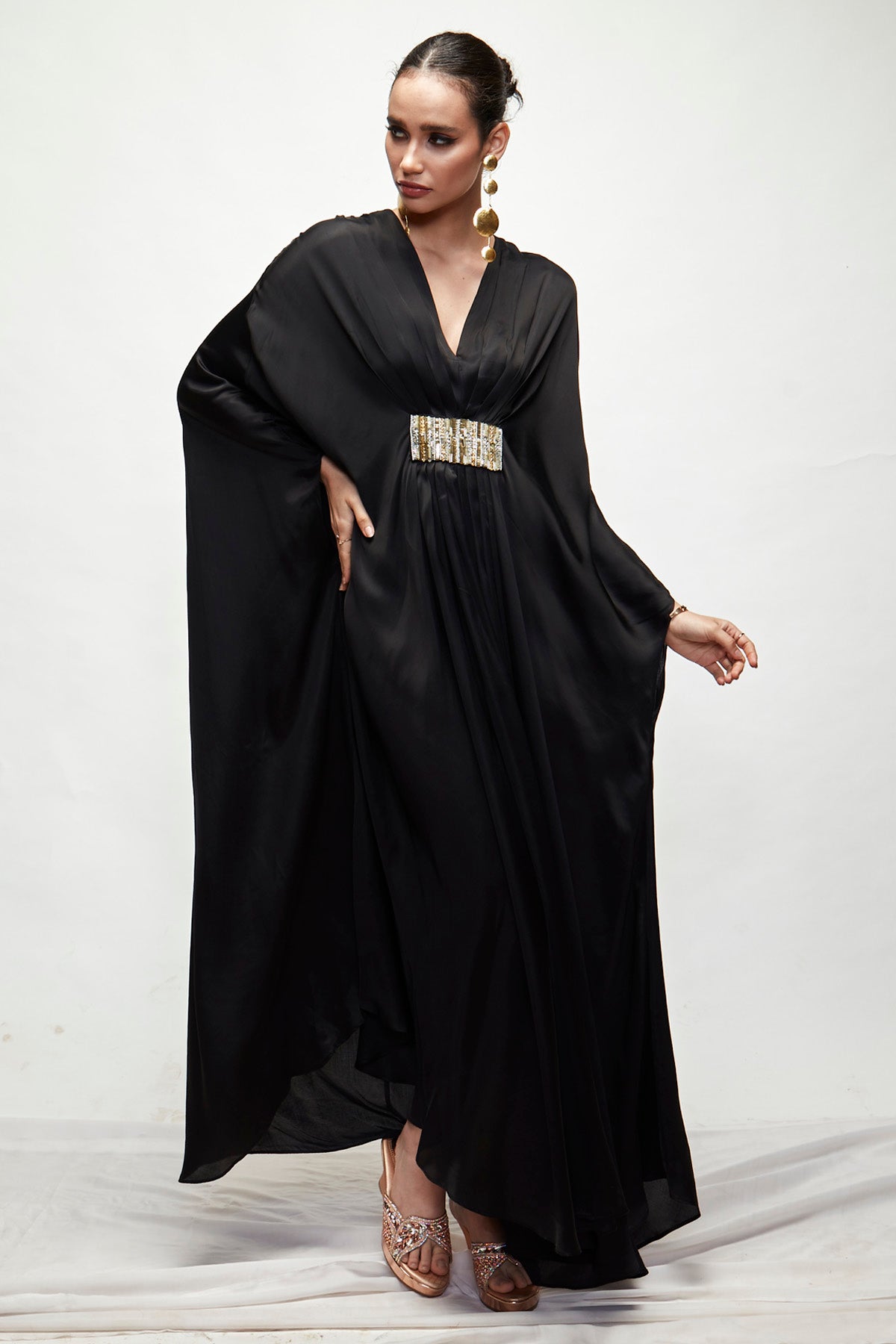 Designer Ranian Black silk kaftan with front pleat detailing and beads embroidery For women Online at ScrollnShops