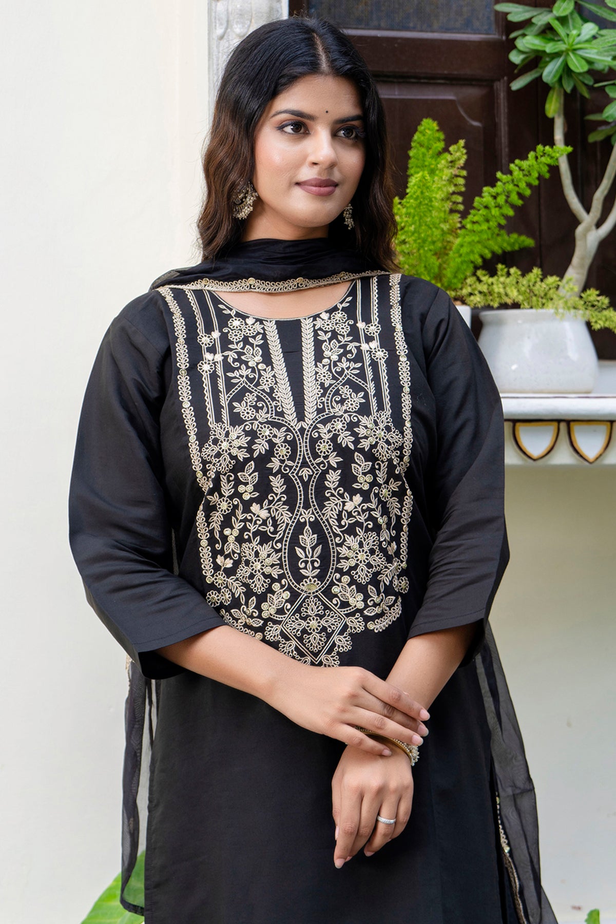 Black Silk Blend Yoke Kurta Set