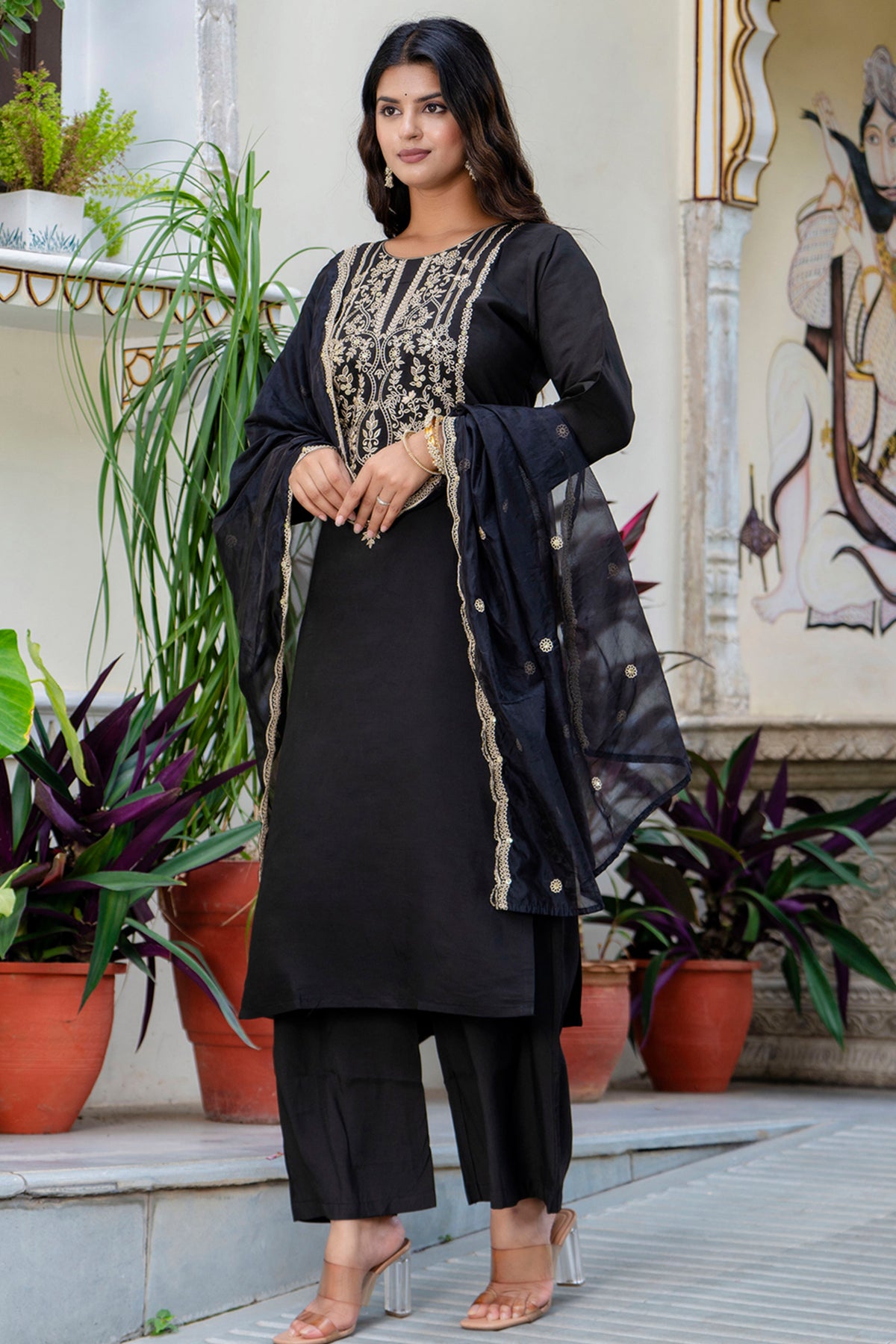 Black Silk Blend Yoke Kurta Set