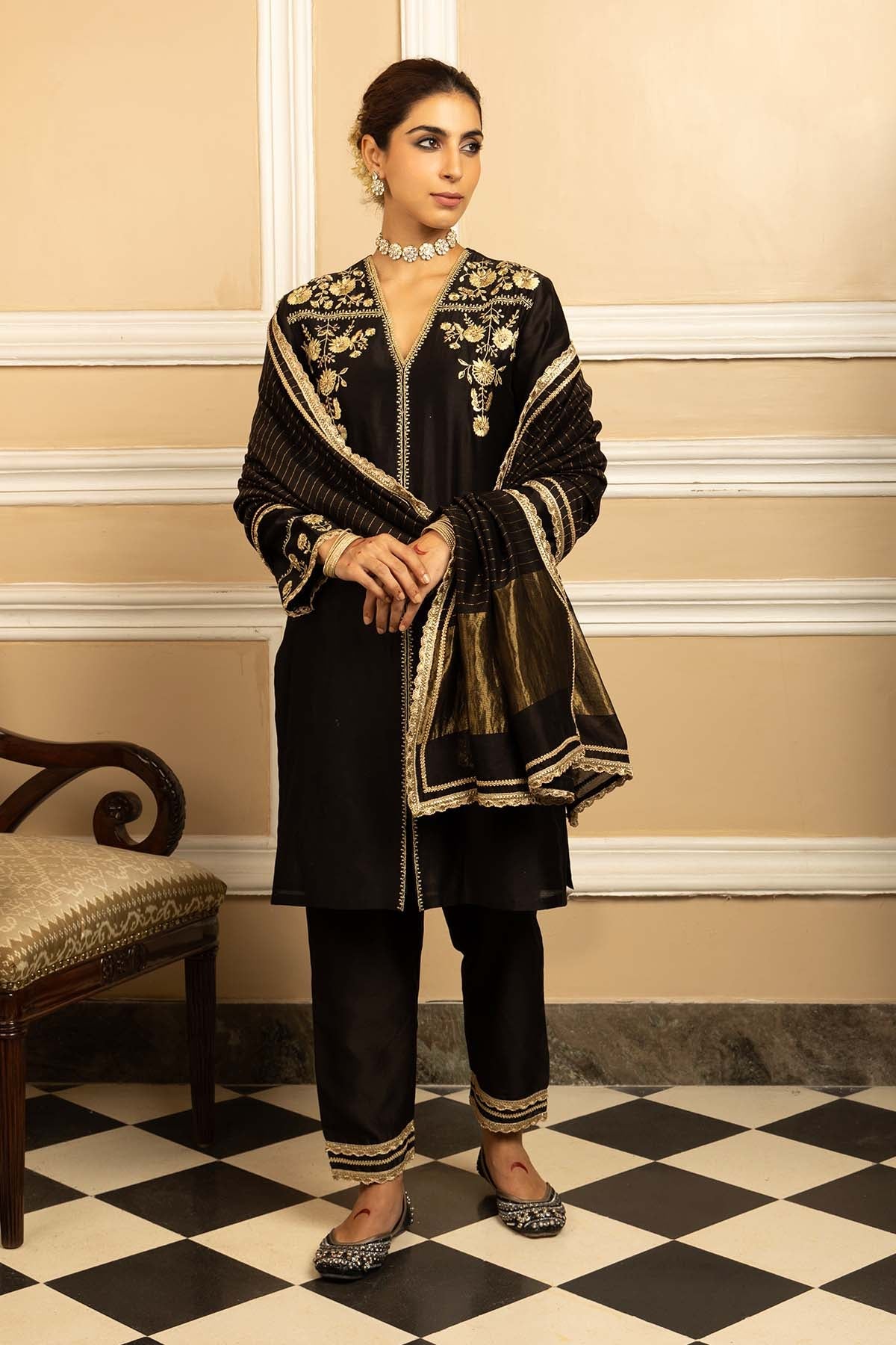 Buy Black Silk Chanderi Kurta Set by Dohr India for women online at ScrollnShops