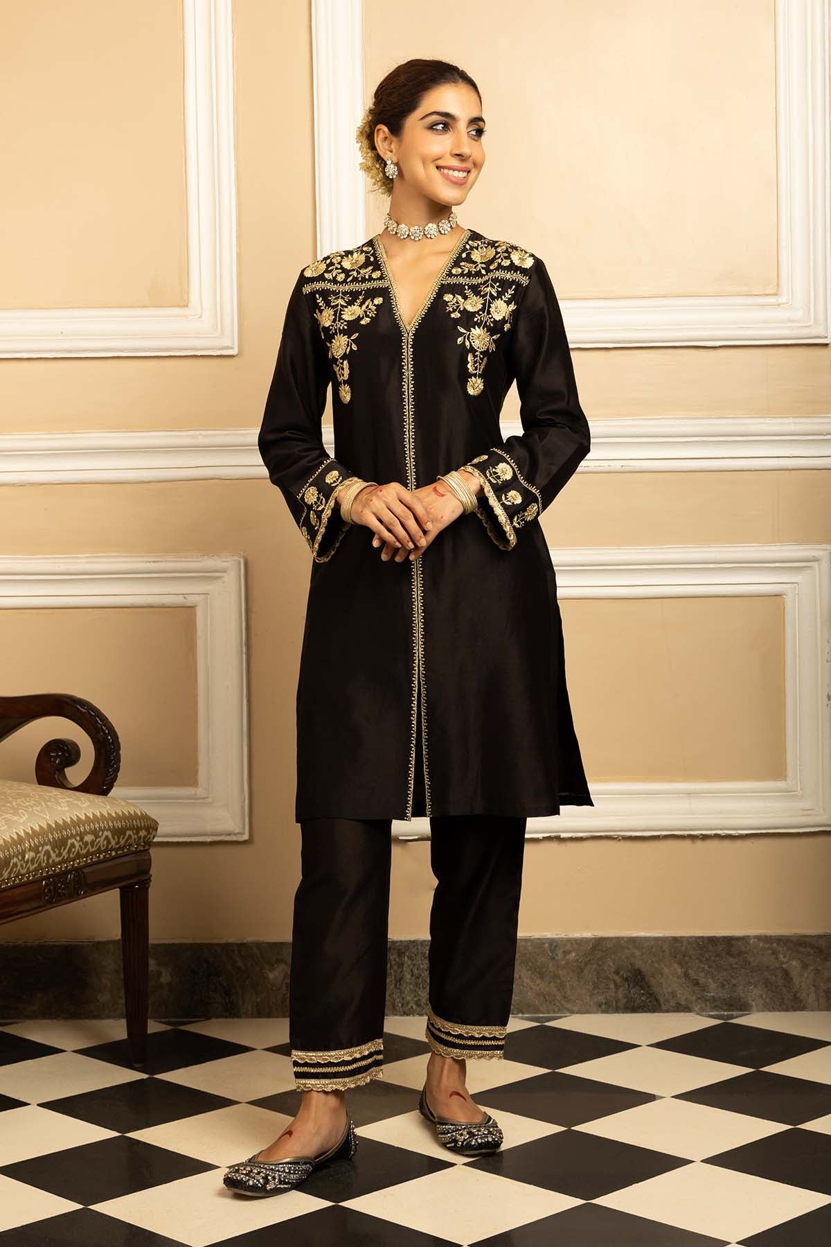 Black Silk Chanderi Kurta Set