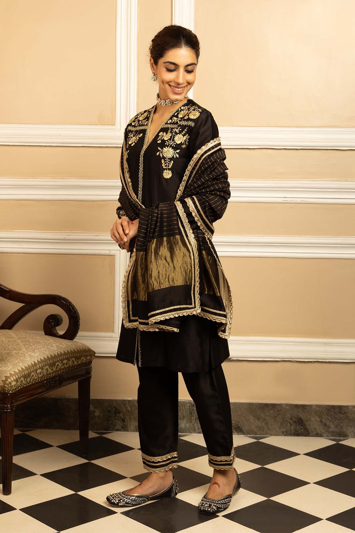 Black Silk Chanderi Kurta Set