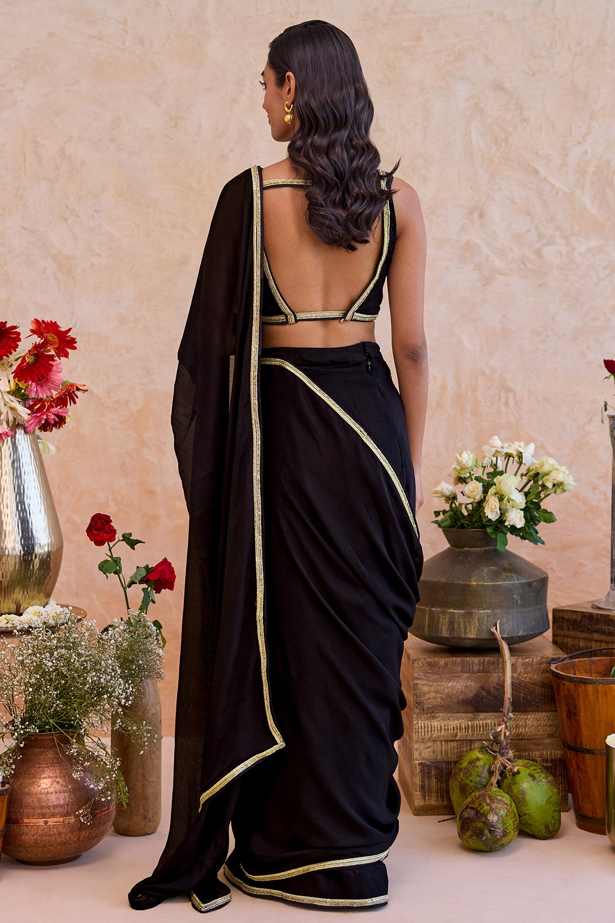 Black Silk Gold Edge Saree Set
