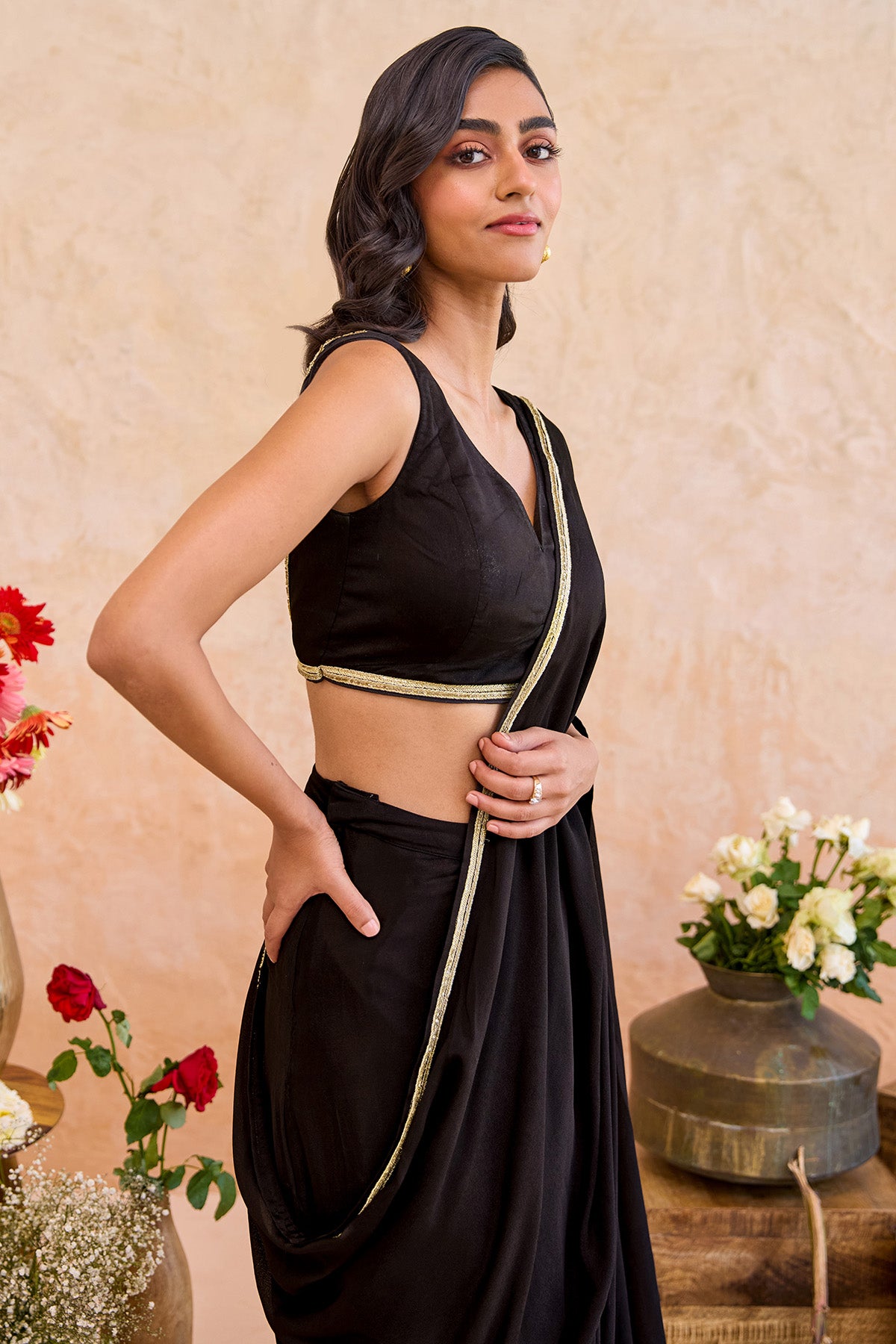 Black Silk Gold Edge Saree Set