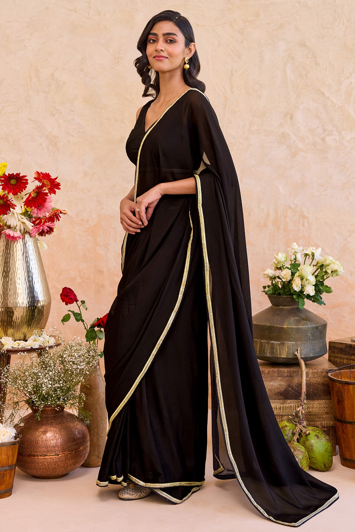 Black Silk Gold Edge Saree Set