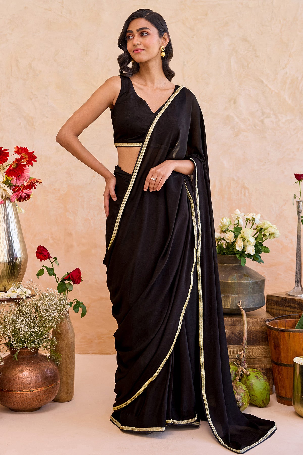 Black Silk Gold Edge Saree Set