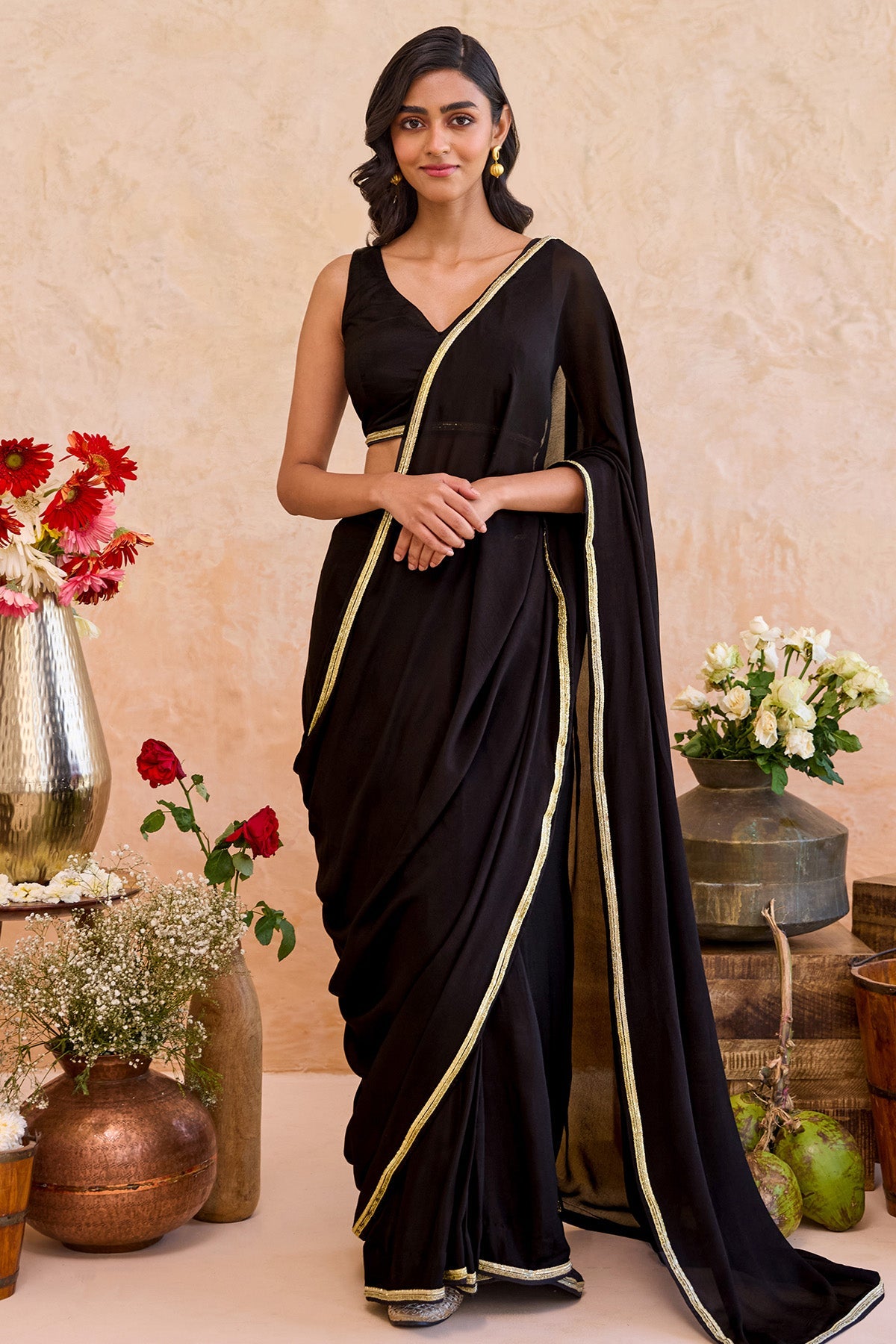 Buy Black Silk Gold Edge Saree Set for women by Taro India online available at scrollnshops